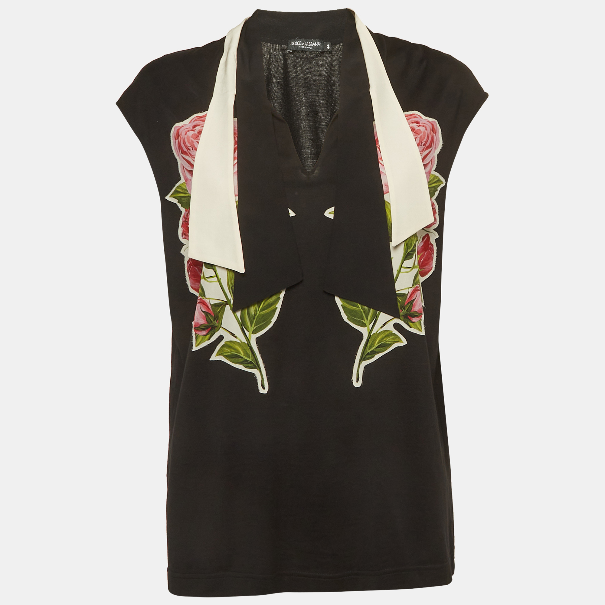 Dolce & Gabbana Black Rose Appliqu&eacute; Jersey Tie-Collar Top M