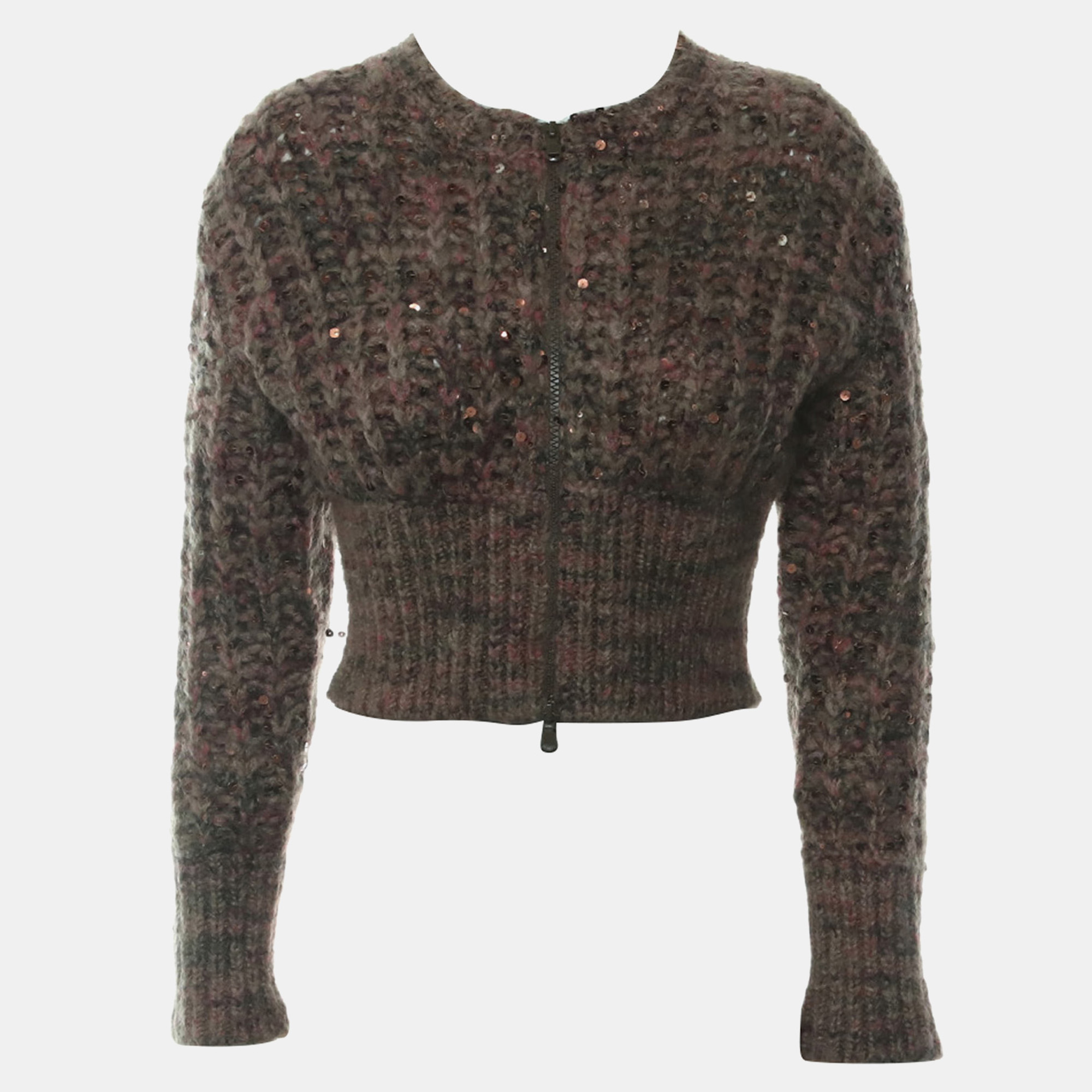 Brunello Cucinelli Sequins Cashmere Blend Zip -up Cropped Cardigan Women's Clothes XS