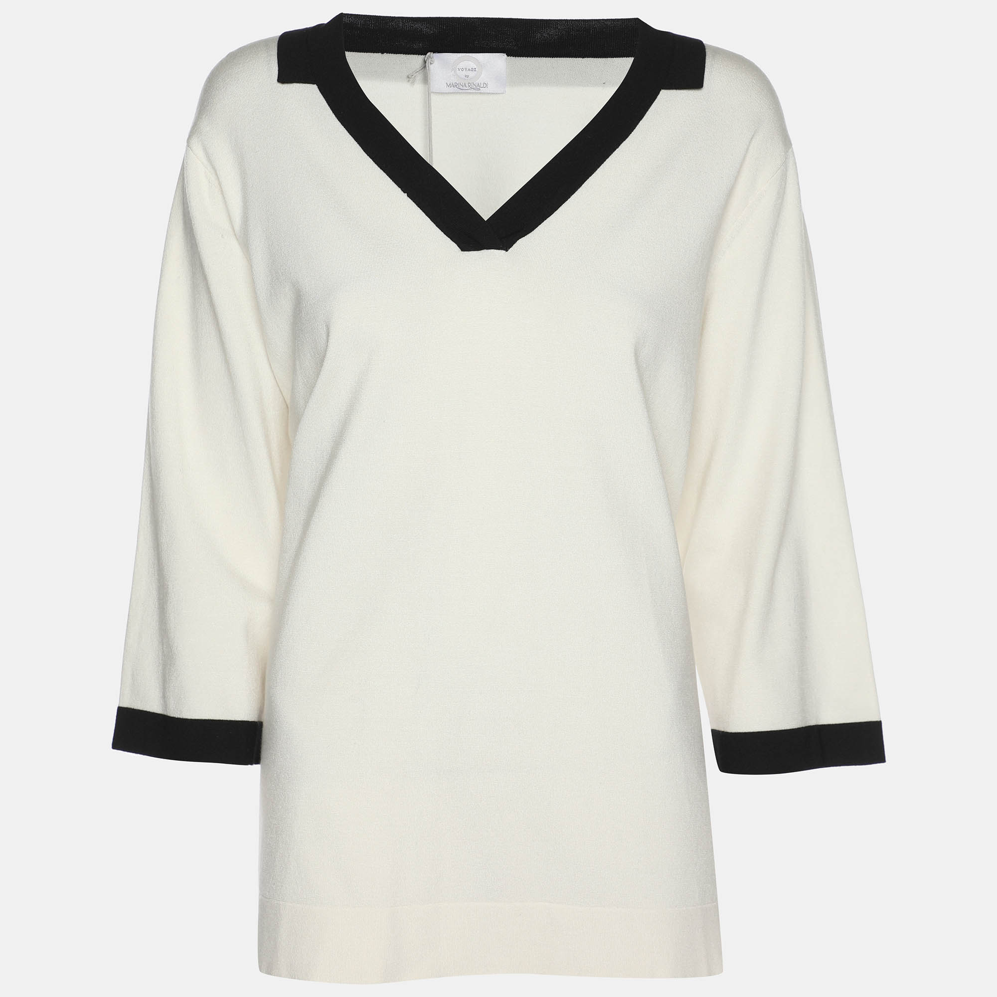 Marina Rinaldi Cream Jersey Contrast Trim V Neck Sweater L 424