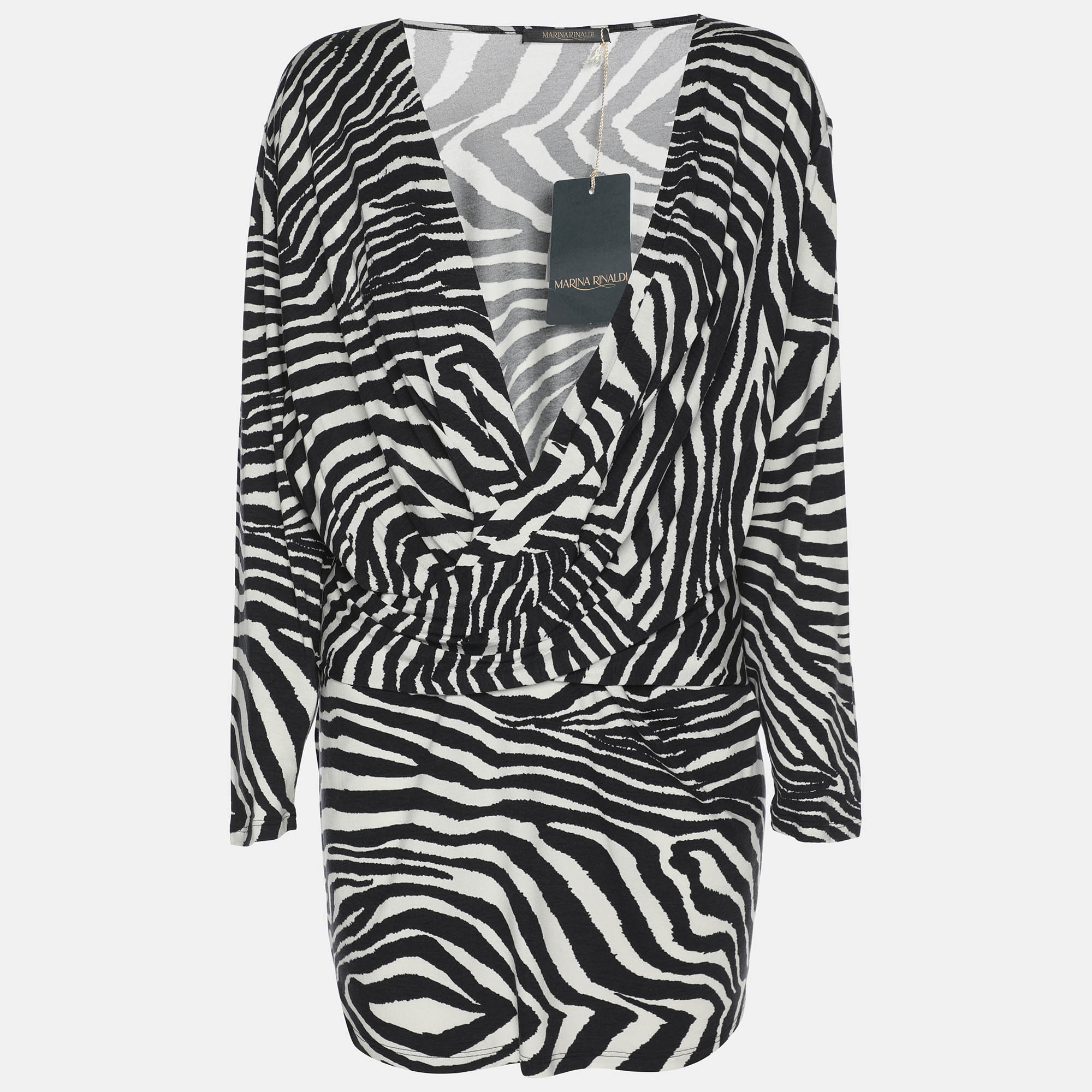 Marina Rinaldi Black/White Zebra Print Jersey V Neck Top L