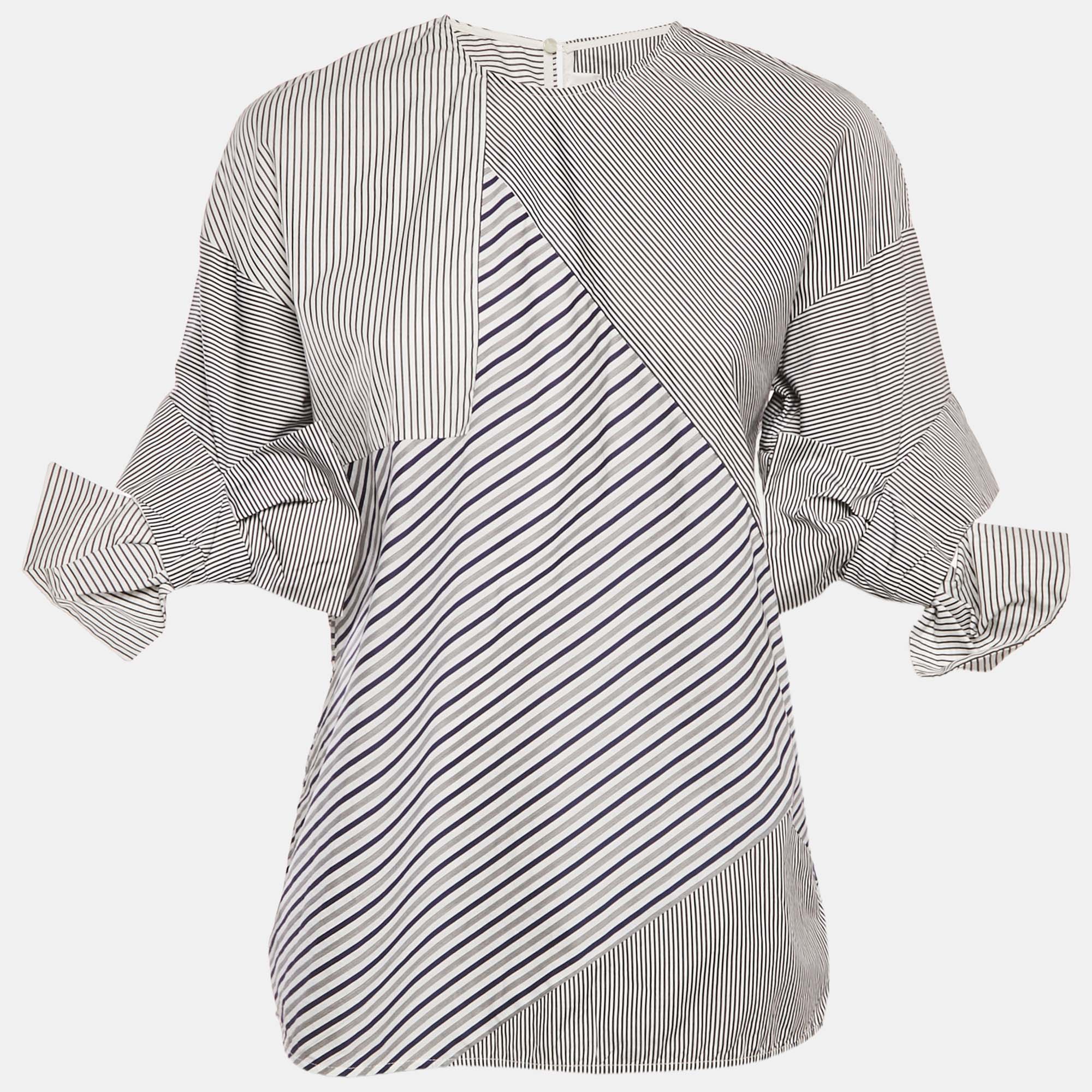 Victoria Victoria Beckham Blue Striped Cotton Patchwork Shirt S