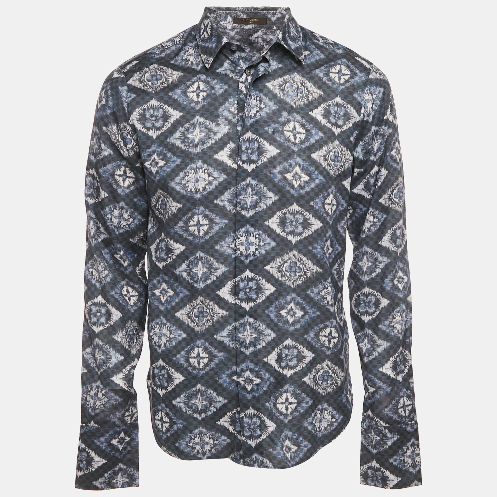 Louis Vuitton Blue/Grey Logo Print Cotton Long Sleeve Shirt M
