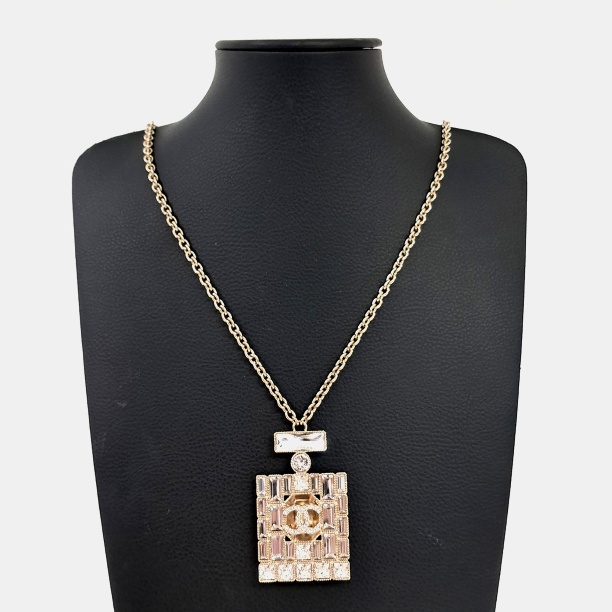 Chanel Perfume Bottle Gold  Rhinestone Crystal Chain Necklace