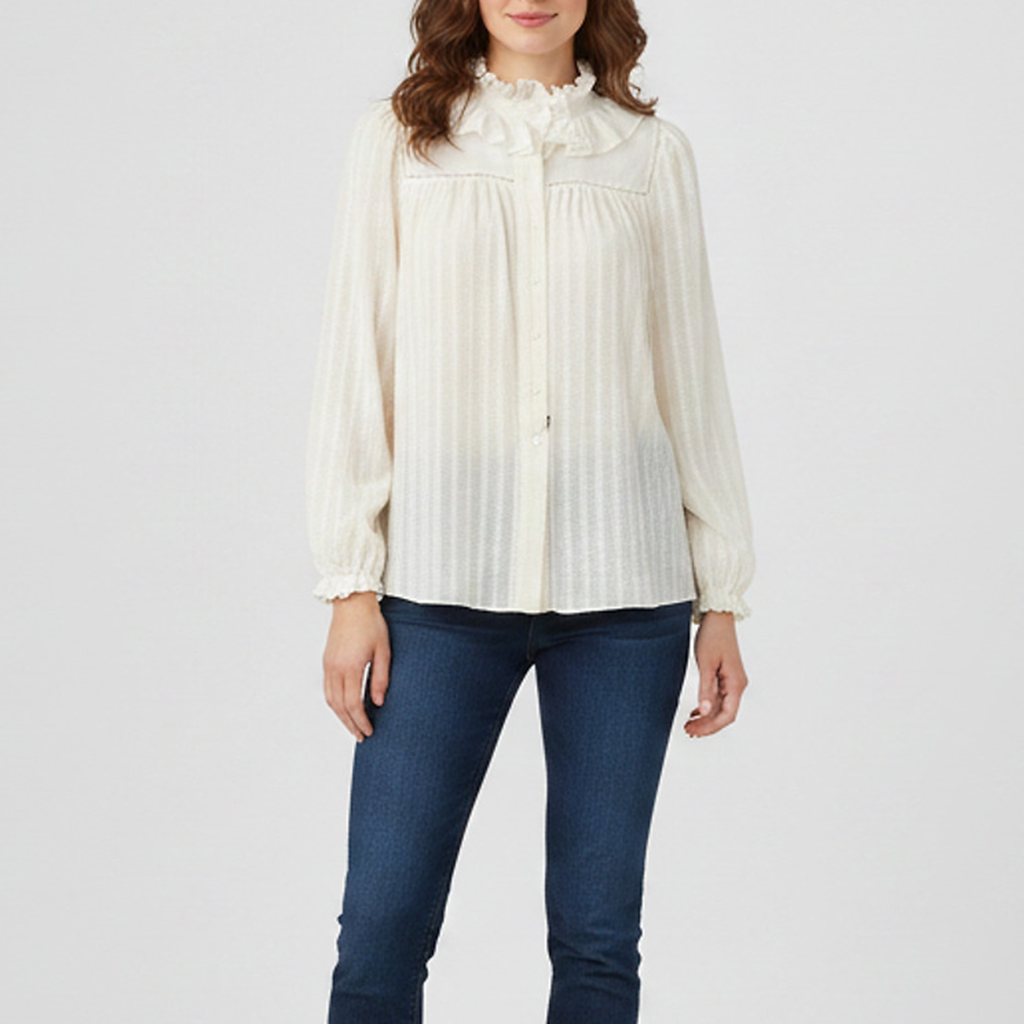 See by Chloe Off-White Striped Cotton Blend Ruffled Blouse L
