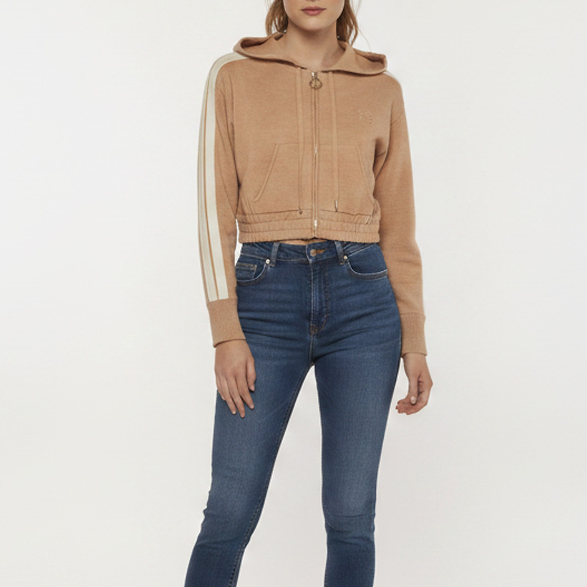 Sandro Beige Knit Side Stripe Zip Up Cardigan XS