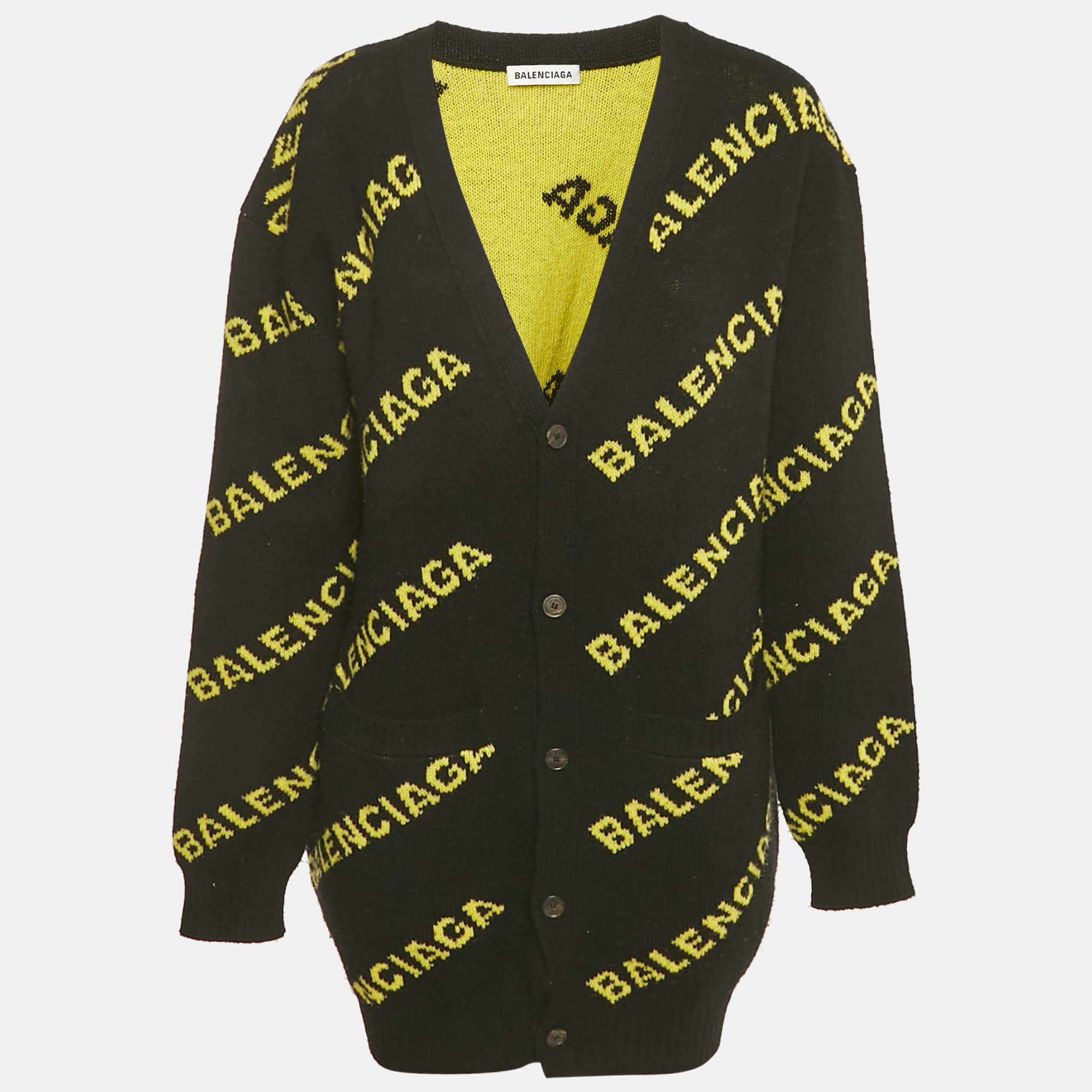 Balenciaga Black Logo Intarsia Wool Knit Long Cardigan L