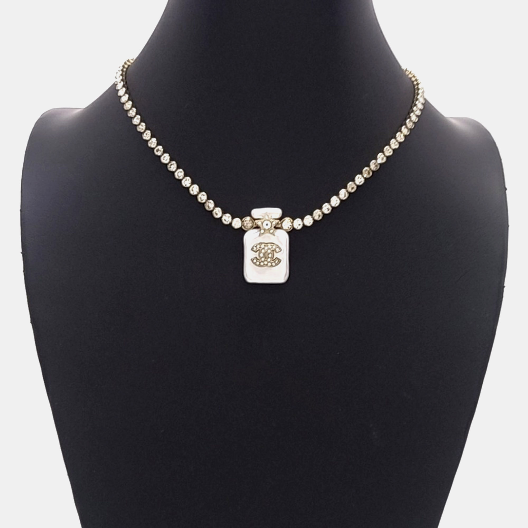 Chanel CC Mark Perfume Bottle Silver Necklace