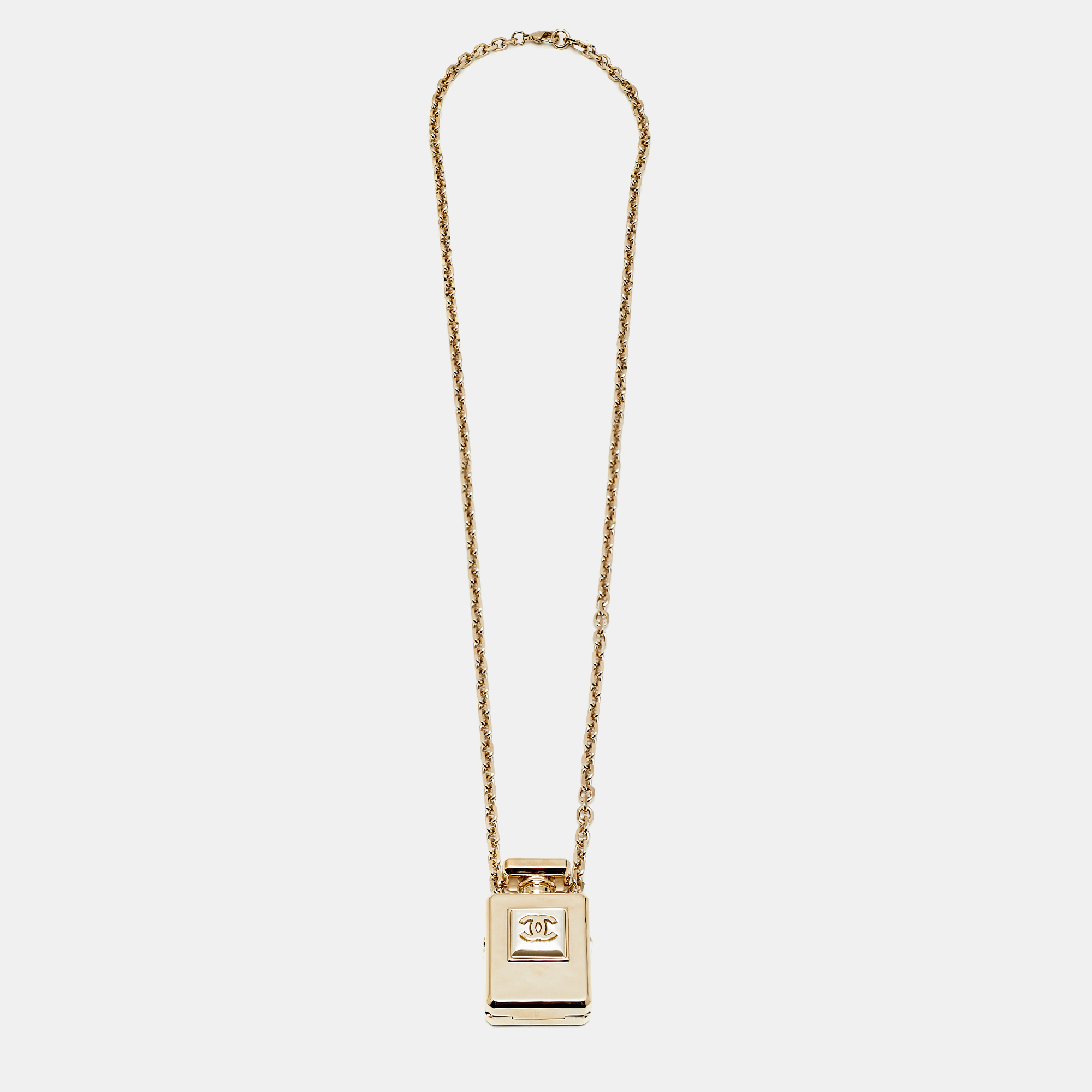 Chanel CC Gold Tone Faux Pearl Perfume Bottle Pendant Long Necklace