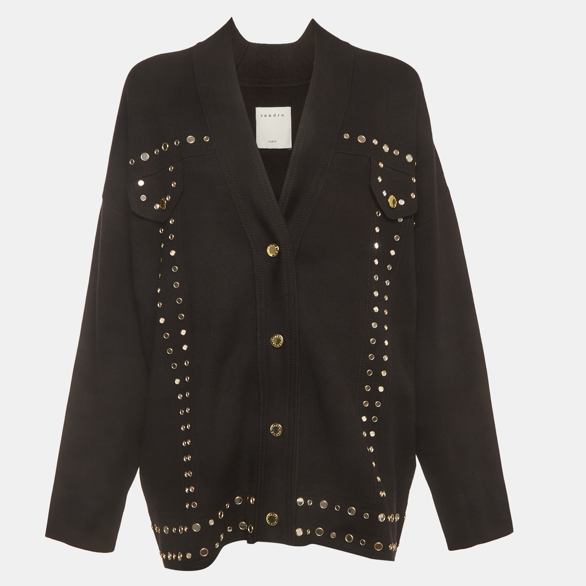 Sandro Black Studded Knit Button-Up Bamo Cardigan L