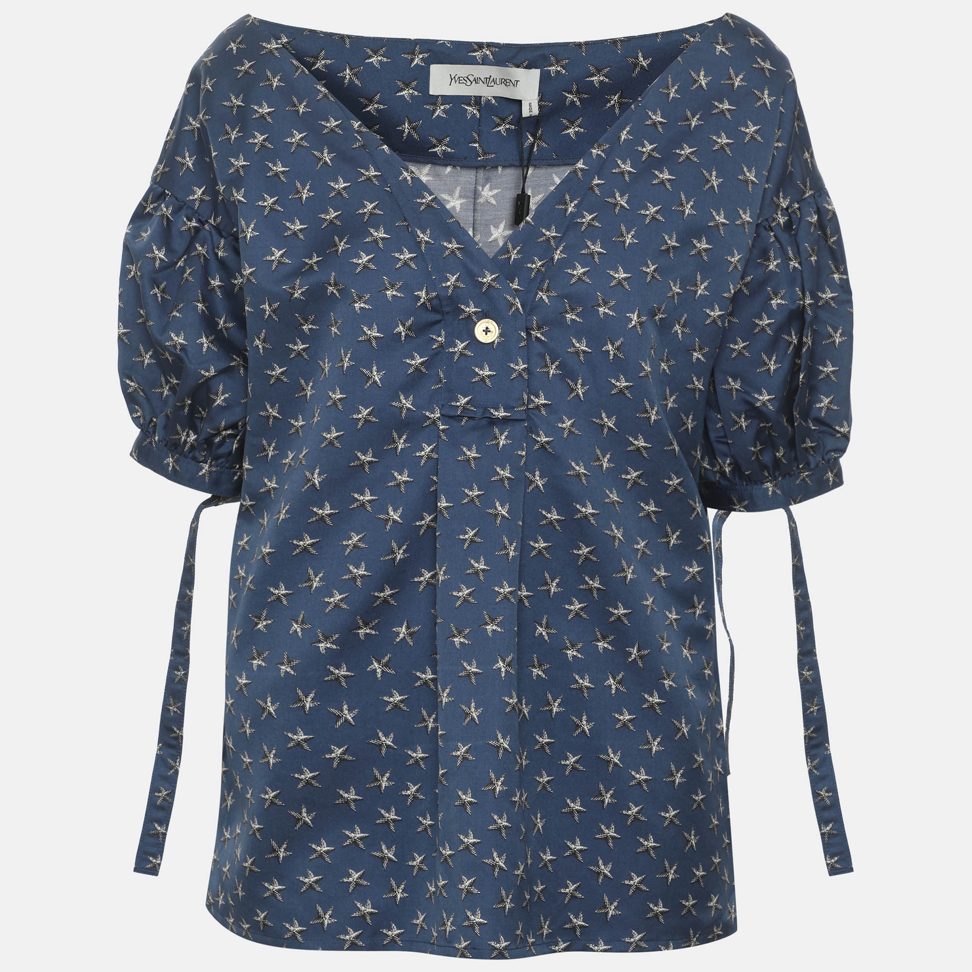 Yves Saint Laurent Navy Blue Star Printed Satin Blouse M