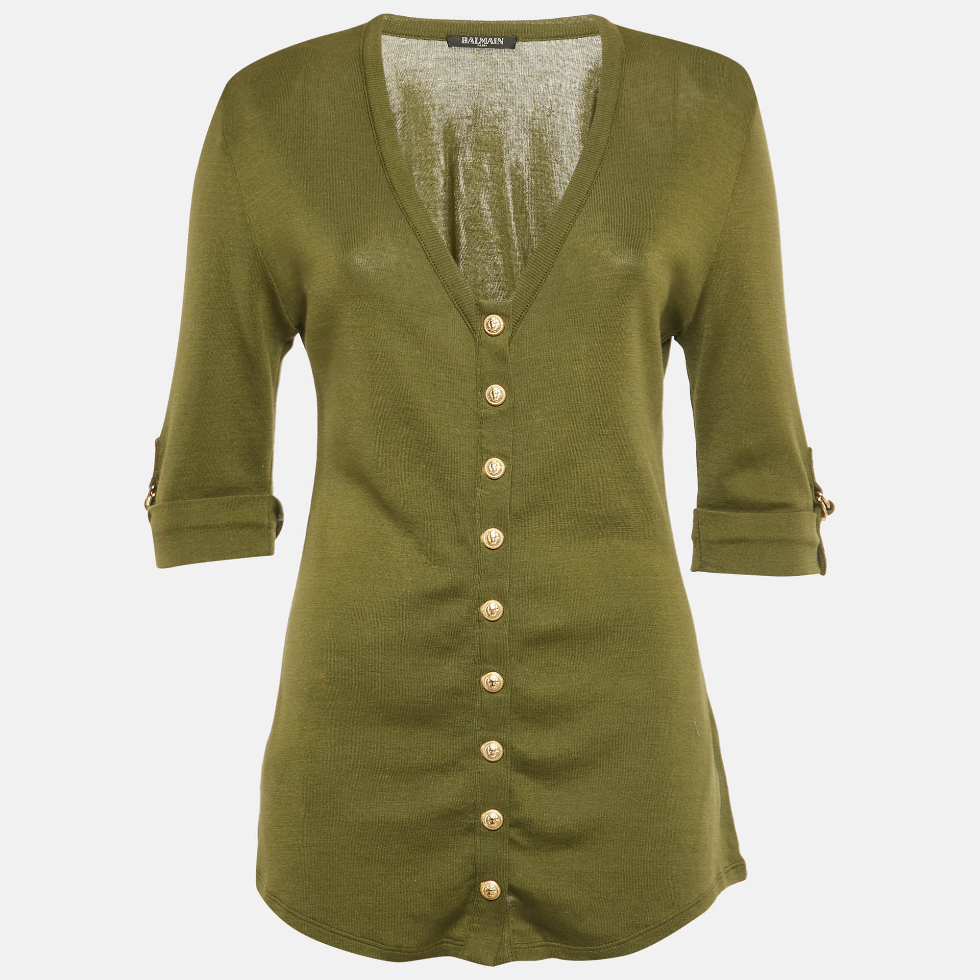 Balmain Olive Green Cotton Knit Top M