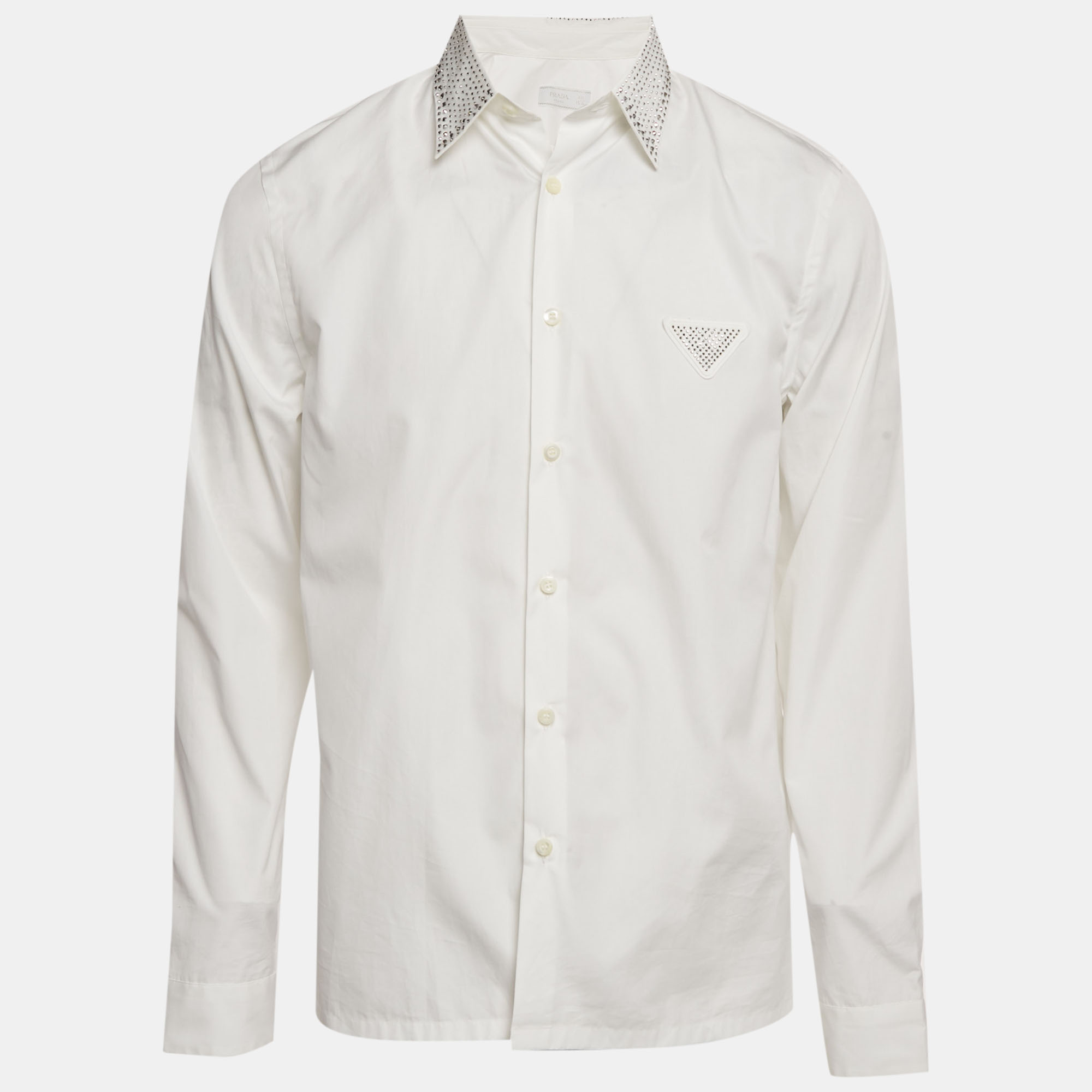 Prada White Rhinestone Detail Cotton Long Sleeve Shirt M