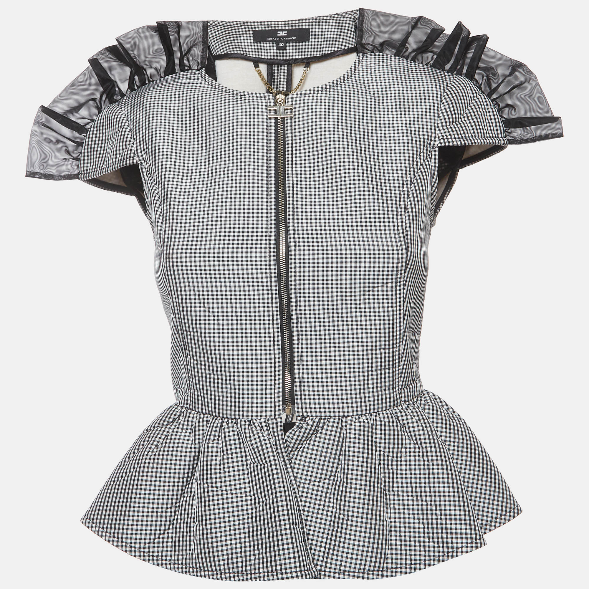 Elisabetta Franchi Monochrome Check Poplin Peplum Top S