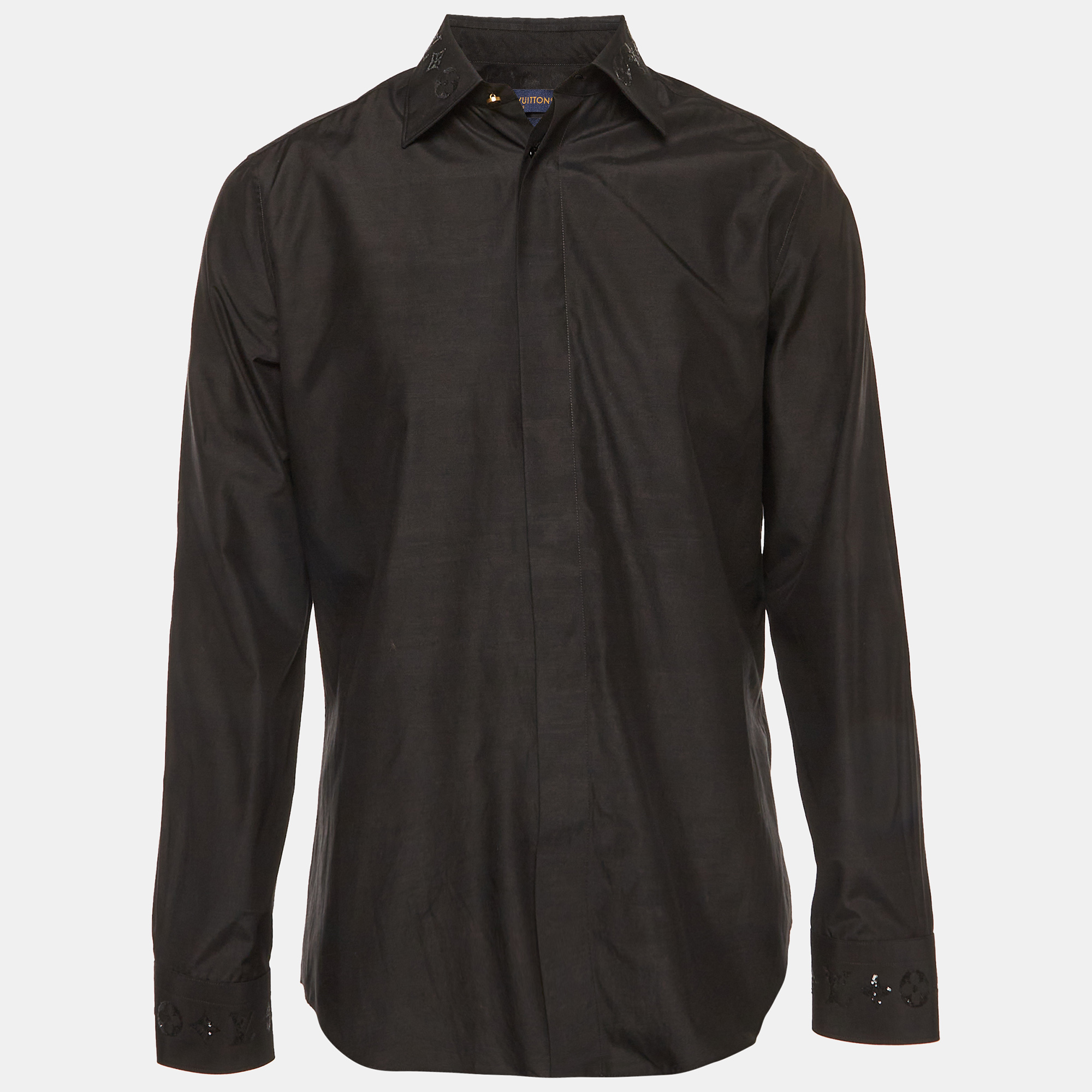 Louis Vuitton Black Logo Sequin Embroidered Poplin Long Sleeve Shirt M