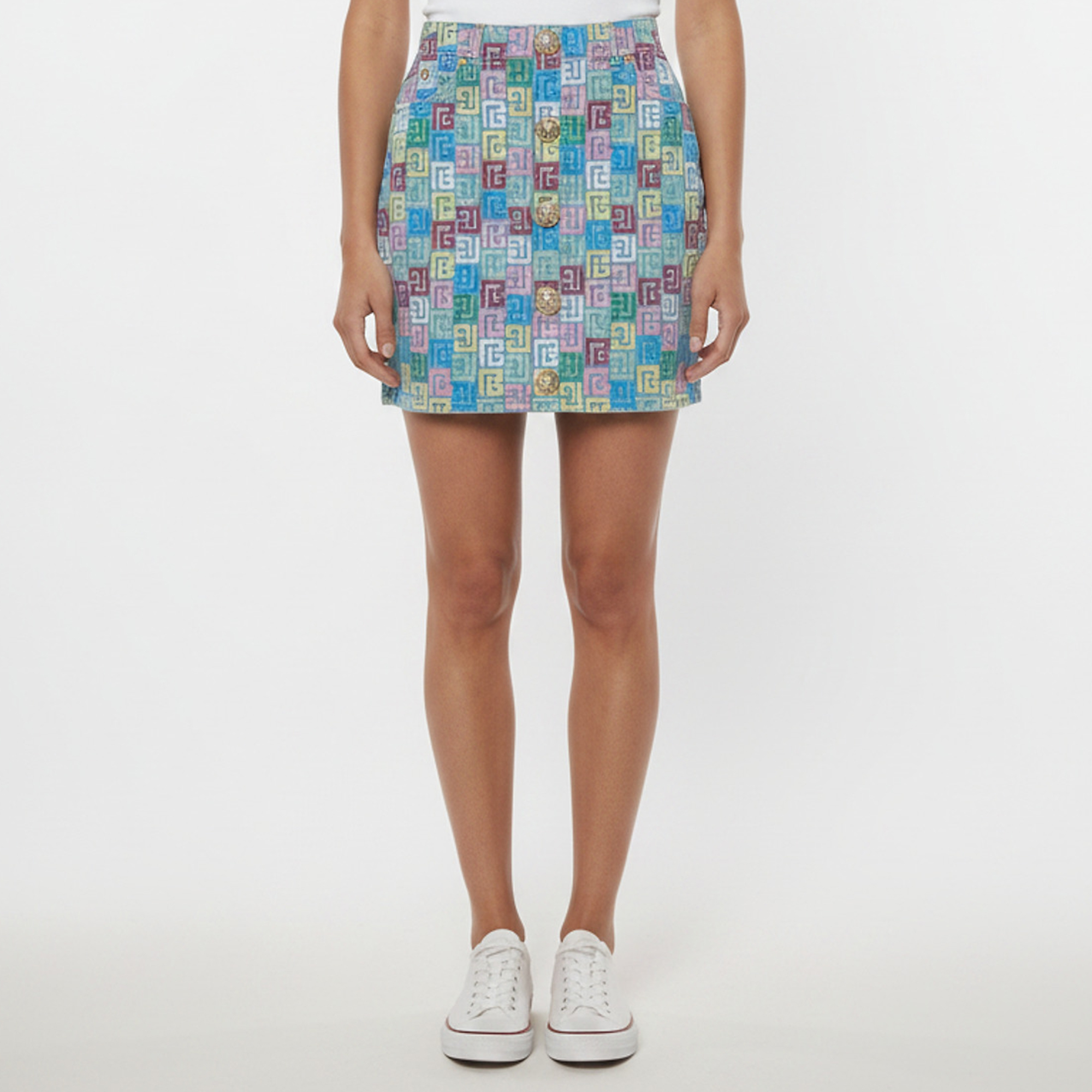 Balmain Multicolor Monogram Print Denim Mini Skirt XS