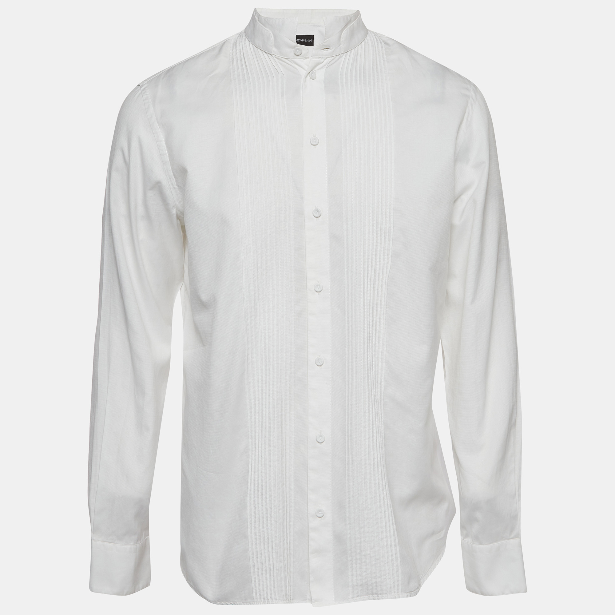 Emporio Armani White Pintucked Cotton Tuxedo Shirt XXL