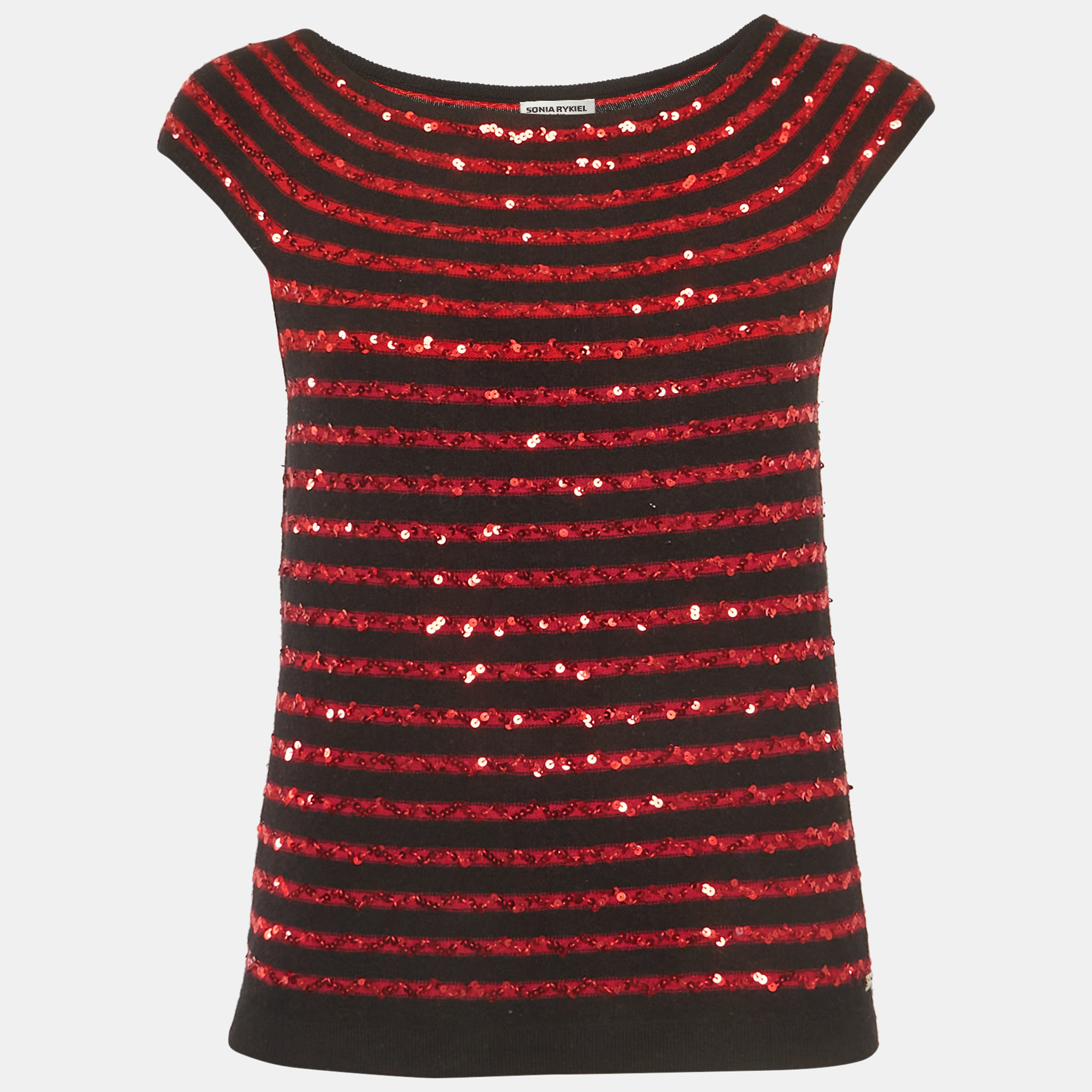 Sonia Rykiel Black/Red Sequin Striped Cashmere Top L