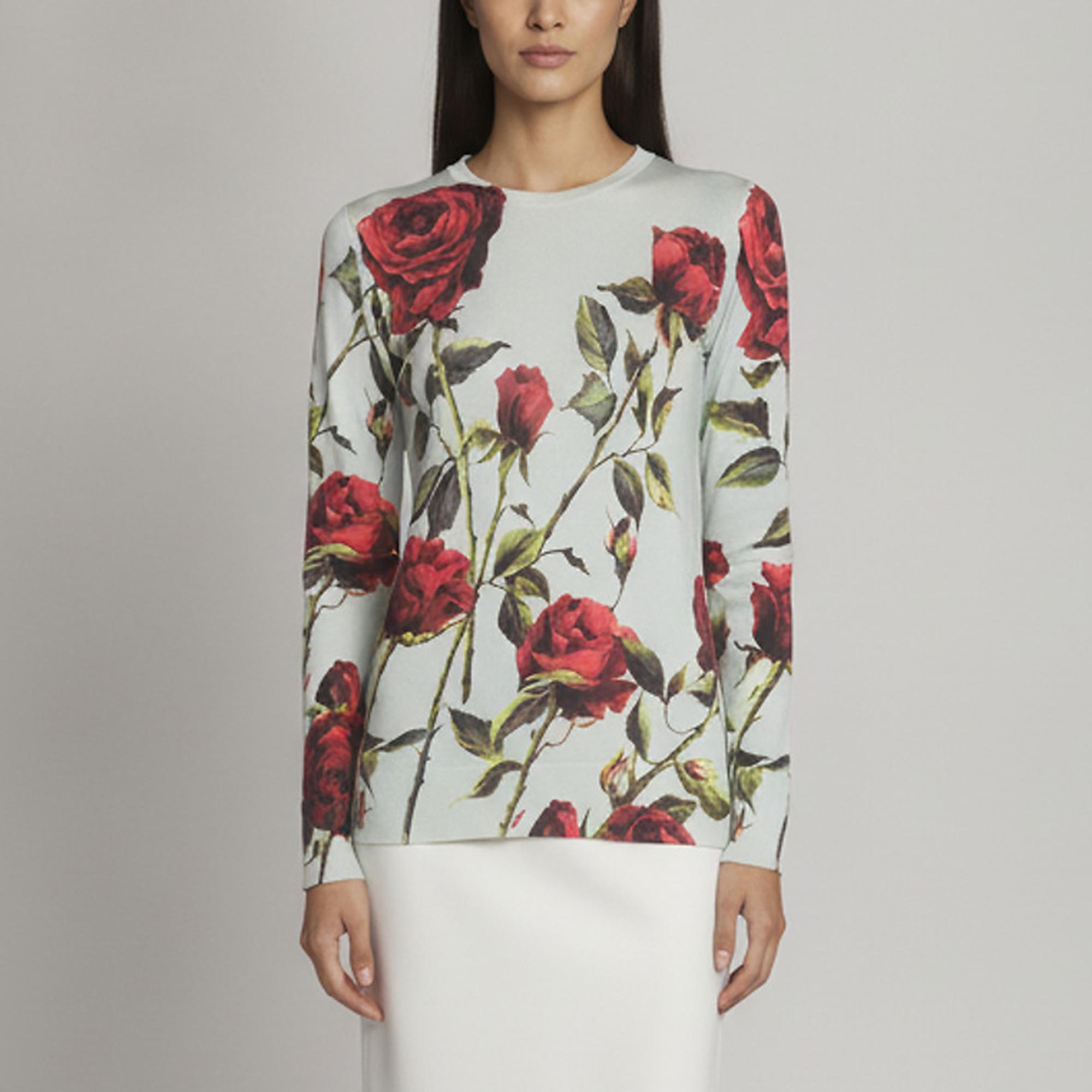 Dolce & Gabbana Light Green Rose Print Knitted Crewneck Jumper S
