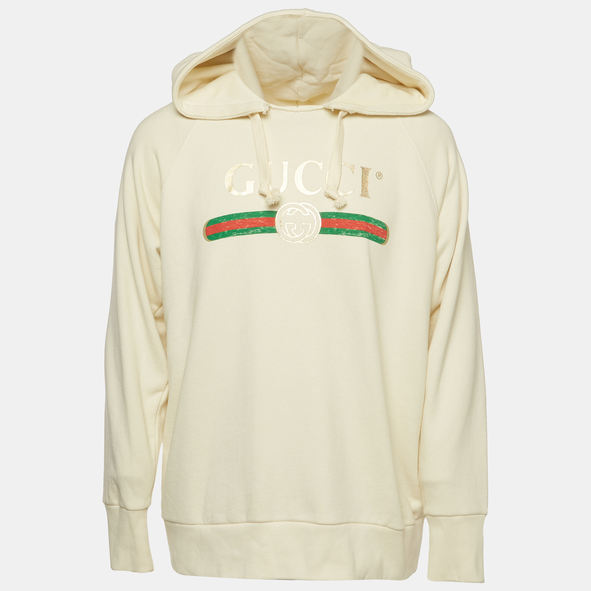 Gucci Cream Jersey Embroidered Drawstring Hoodie M