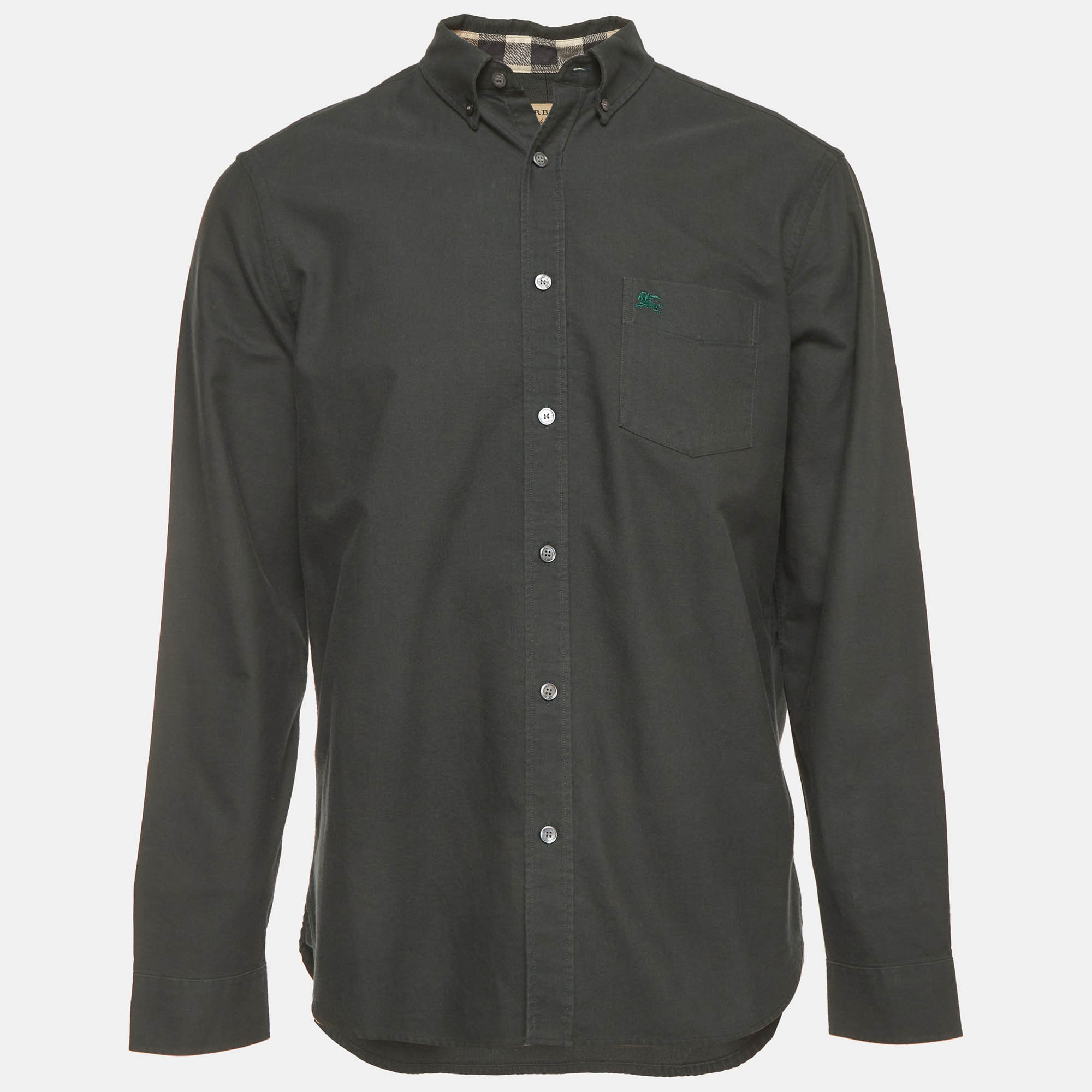 Burberry Green Logo Embroidered Cotton Button Down Shirt XL