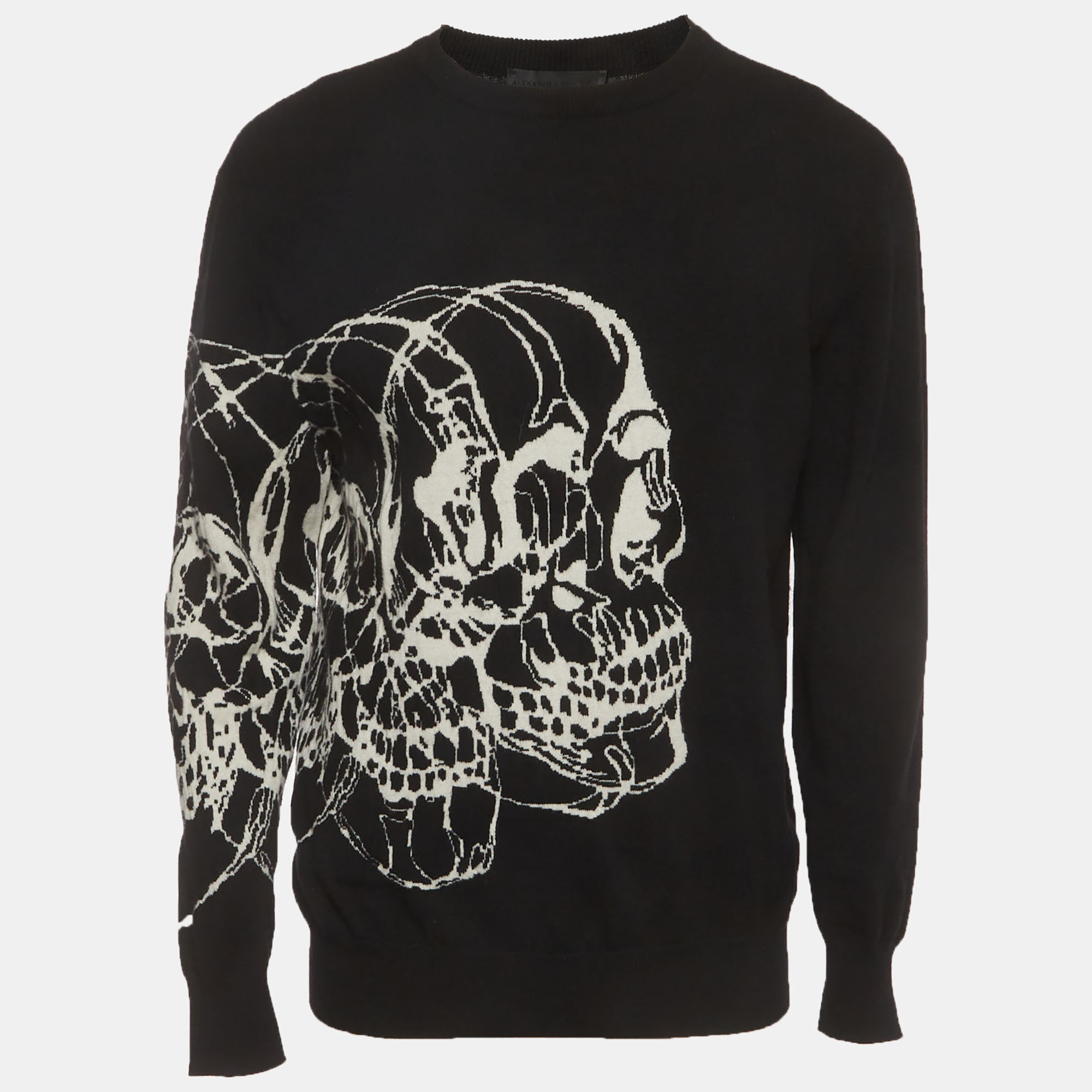 Alexander McQueen Black Skull Intarsia Wool Crewneck Sweater L