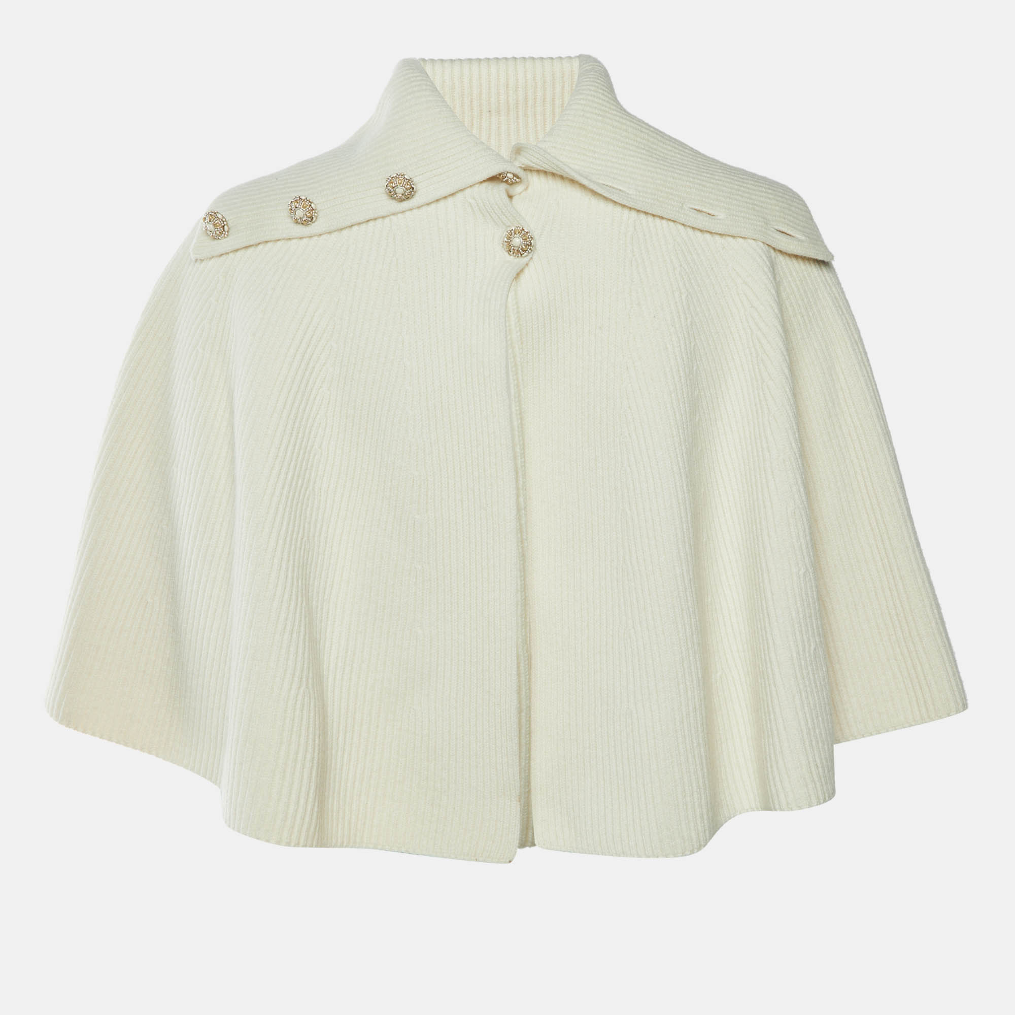 Chanel Cream Wool Rib Knit Button Detail Cape M