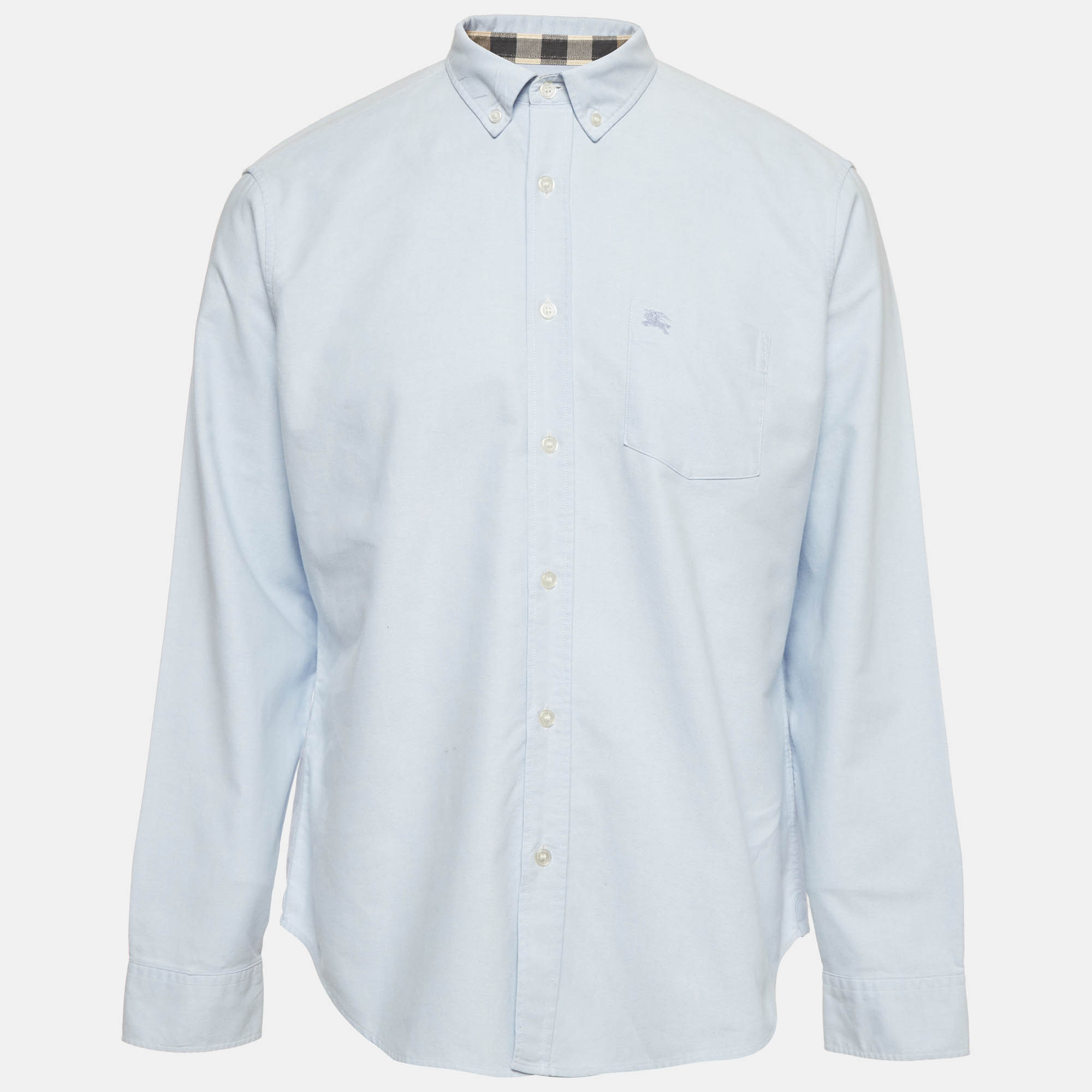 Burberry Blue Logo Embroidered Cotton Button Down Shirt XL