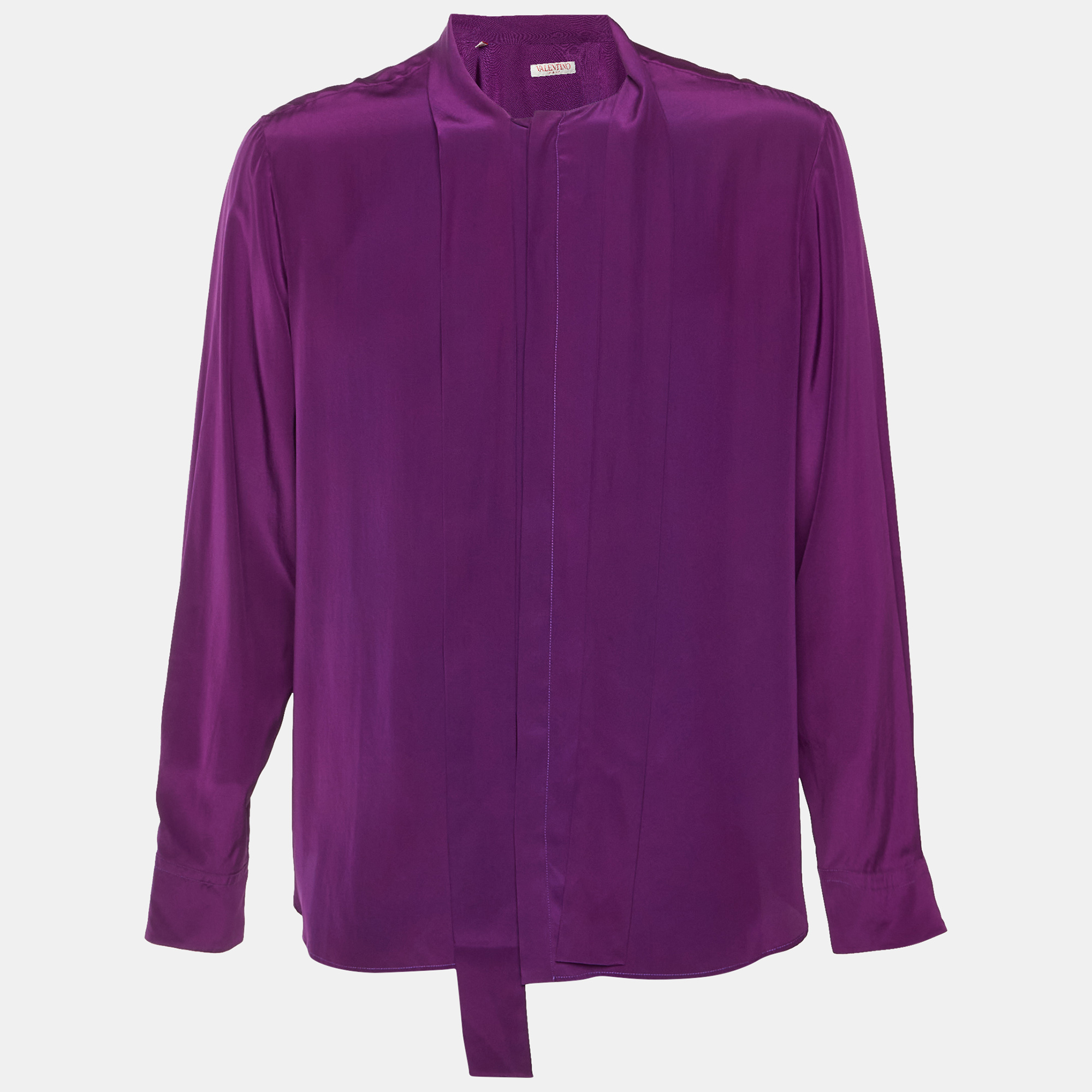 Valentino Purple Silk Satin Neck Tie Detail Shirt XXL
