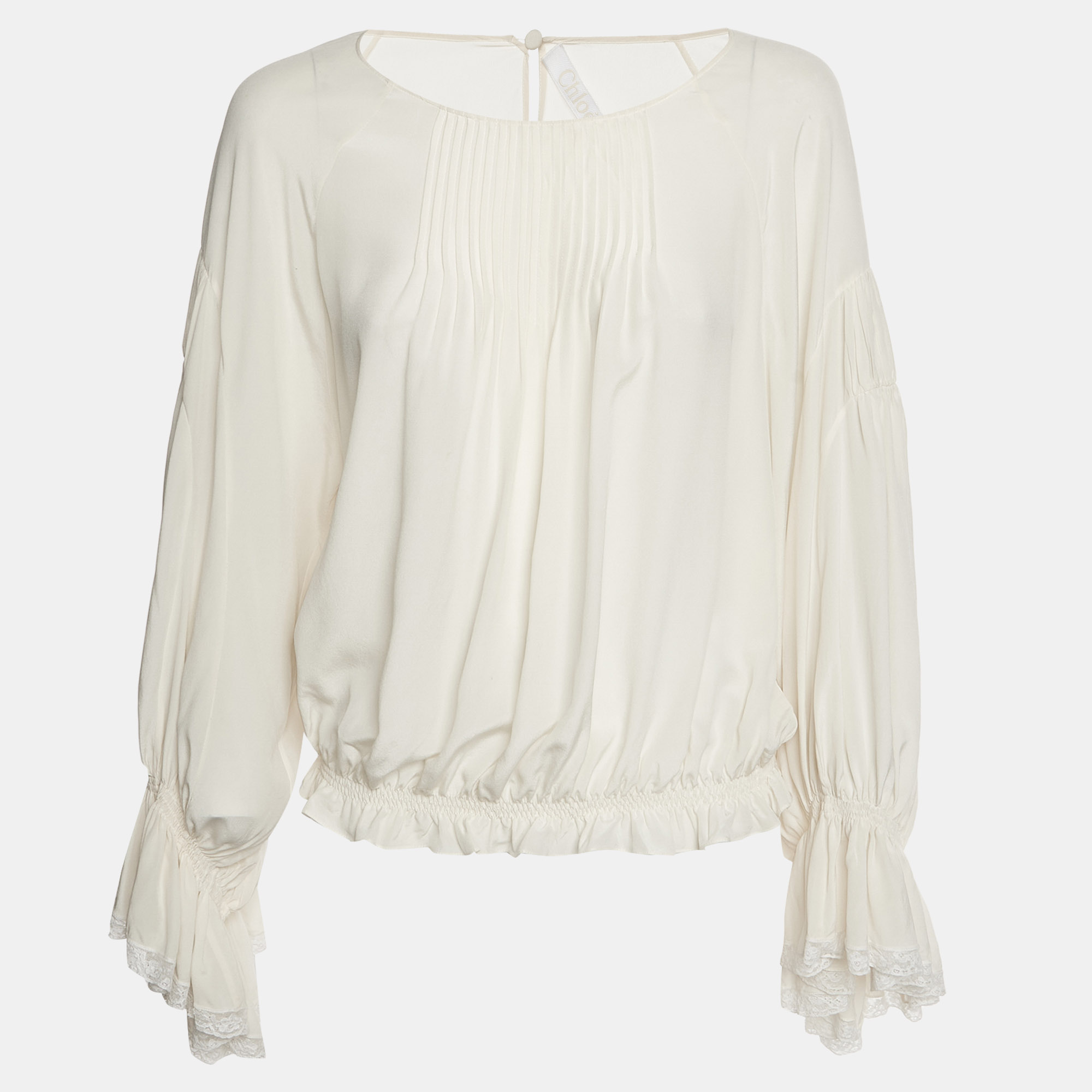 Chlo&eacute; Cream Silk Crepe de Chine Lace Trim Ruffled Blouse S Chloe