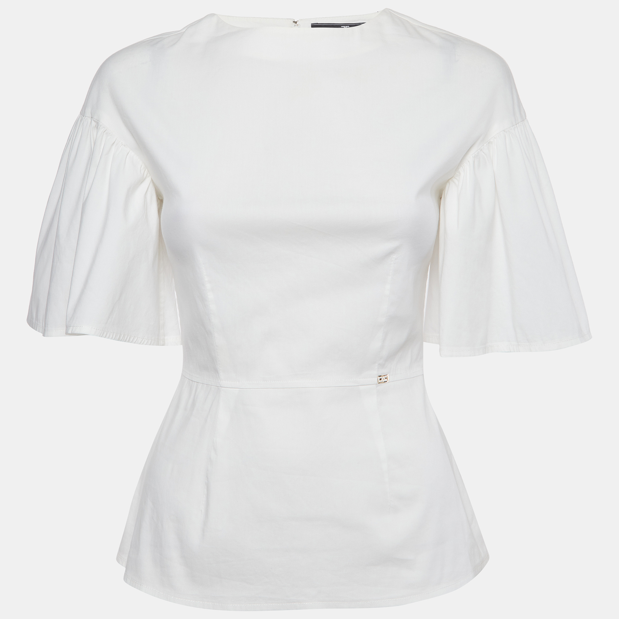 Elisabetta Franchi Off White Stretch Cotton Flutter Sleeve Top S