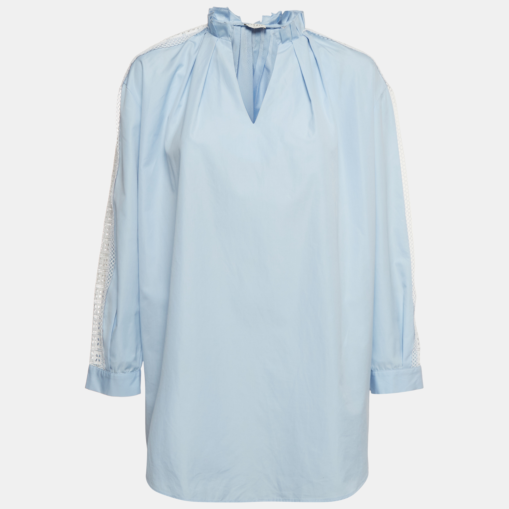 Sandro Blue Cotton Lace Trim Ruffle Detail Blouse L