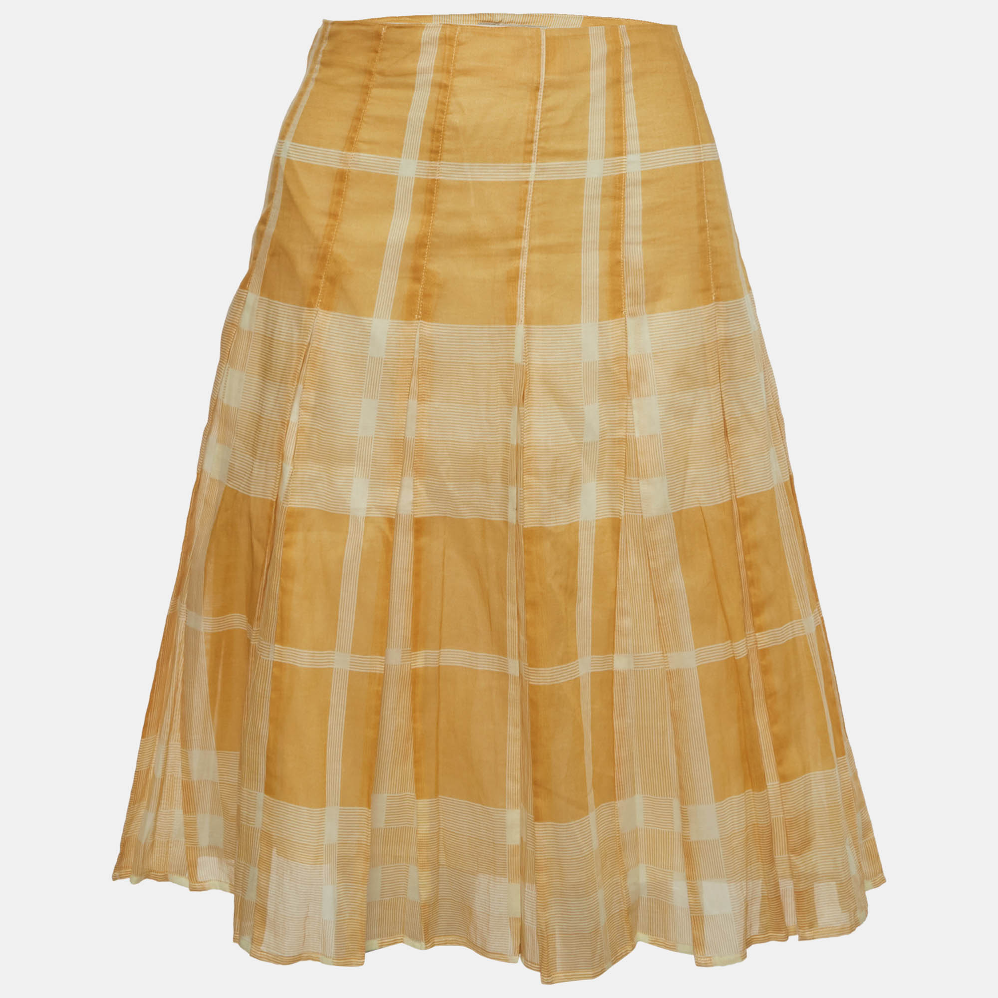 Burberry Yellow Check Cotton Pleated Midi Skirt M Burberry London