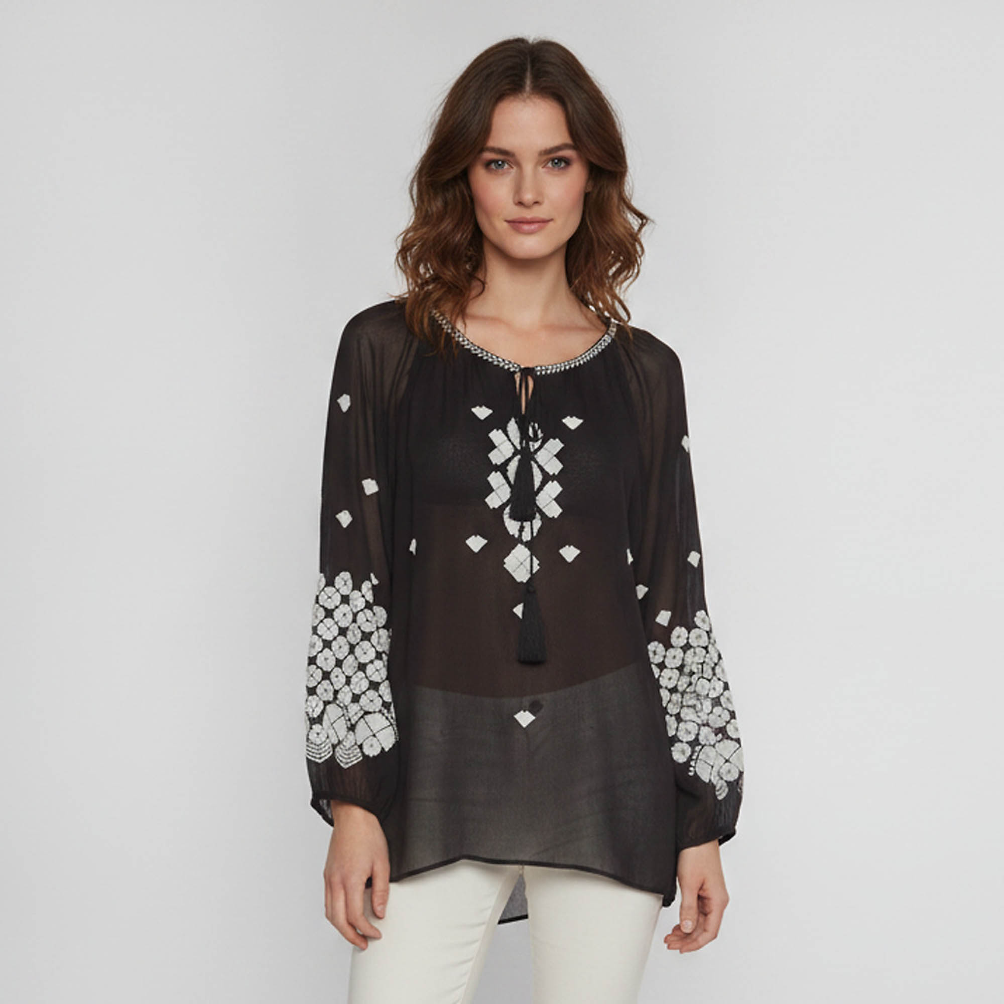 Class by Roberto Cavalli Black Embroidered Crepe Long Sleeve Sheer Blouse L