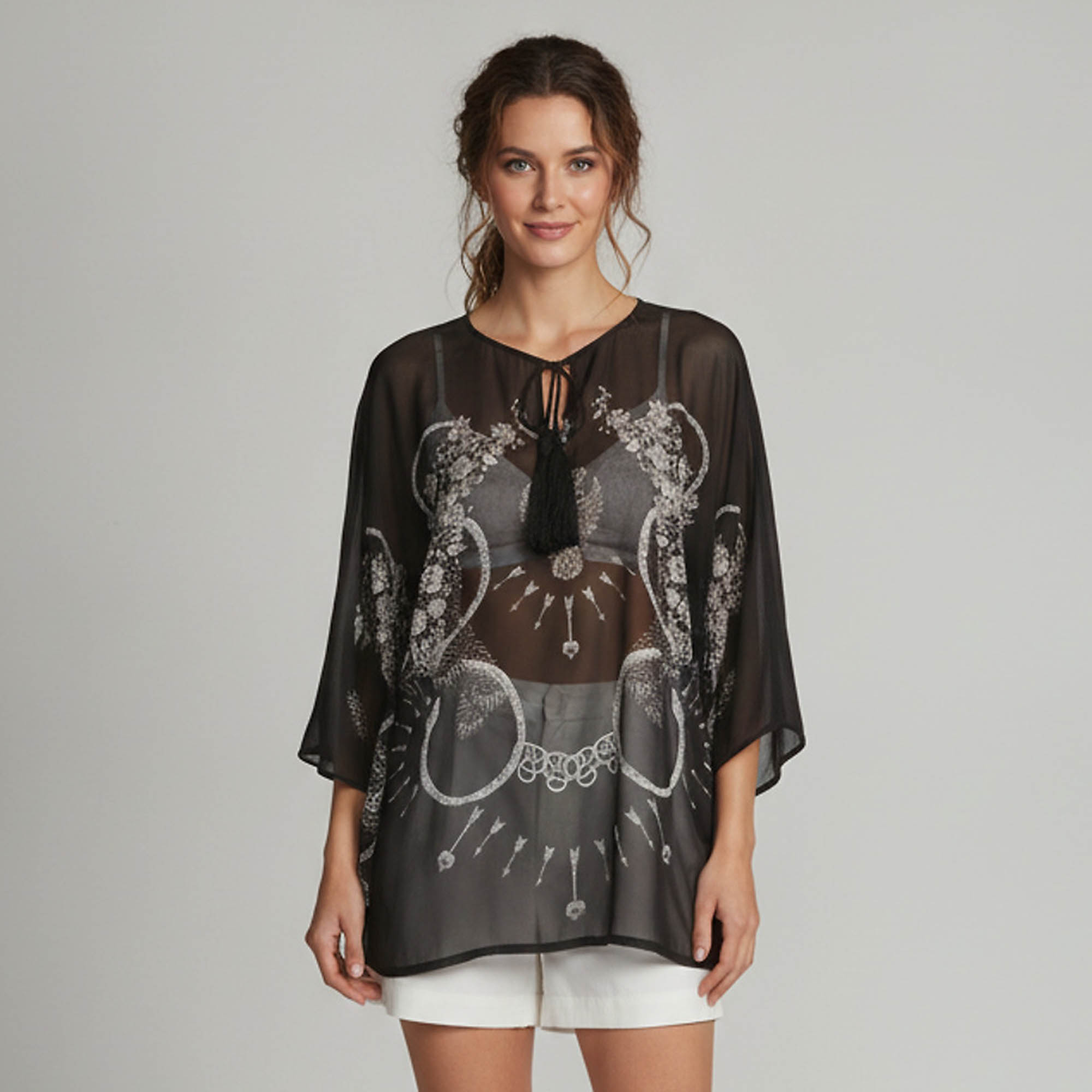 Class by Roberto Cavalli Black Printed Crepe Sheer Blouse One Size