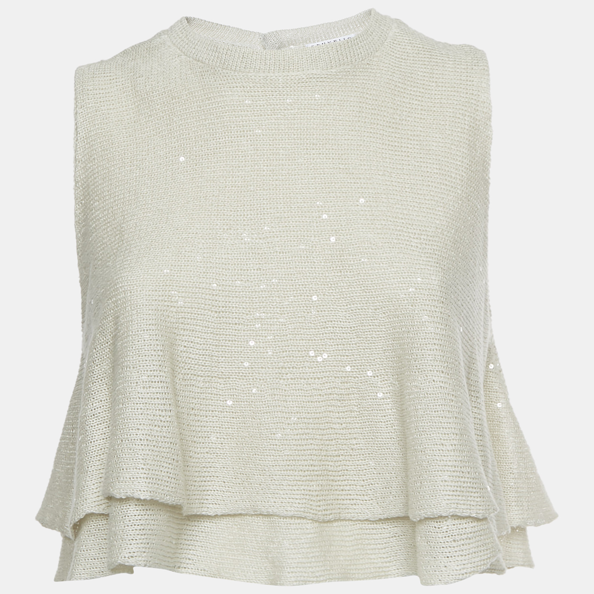 Brunello Cucinelli Cream Sequin Knit Flared Crop Top M