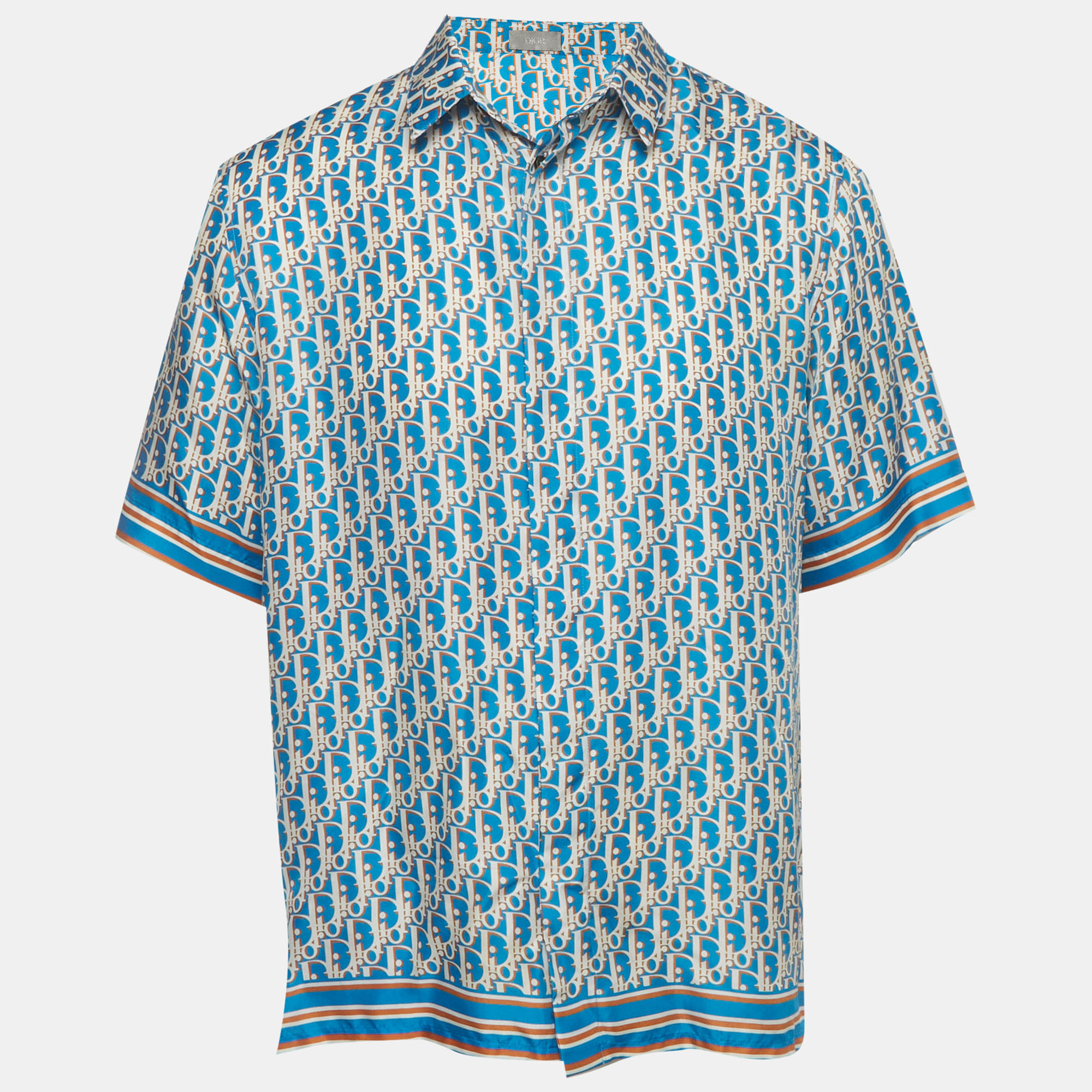 Dior Homme Blue Oblique Silk Short Sleeve Shirt M