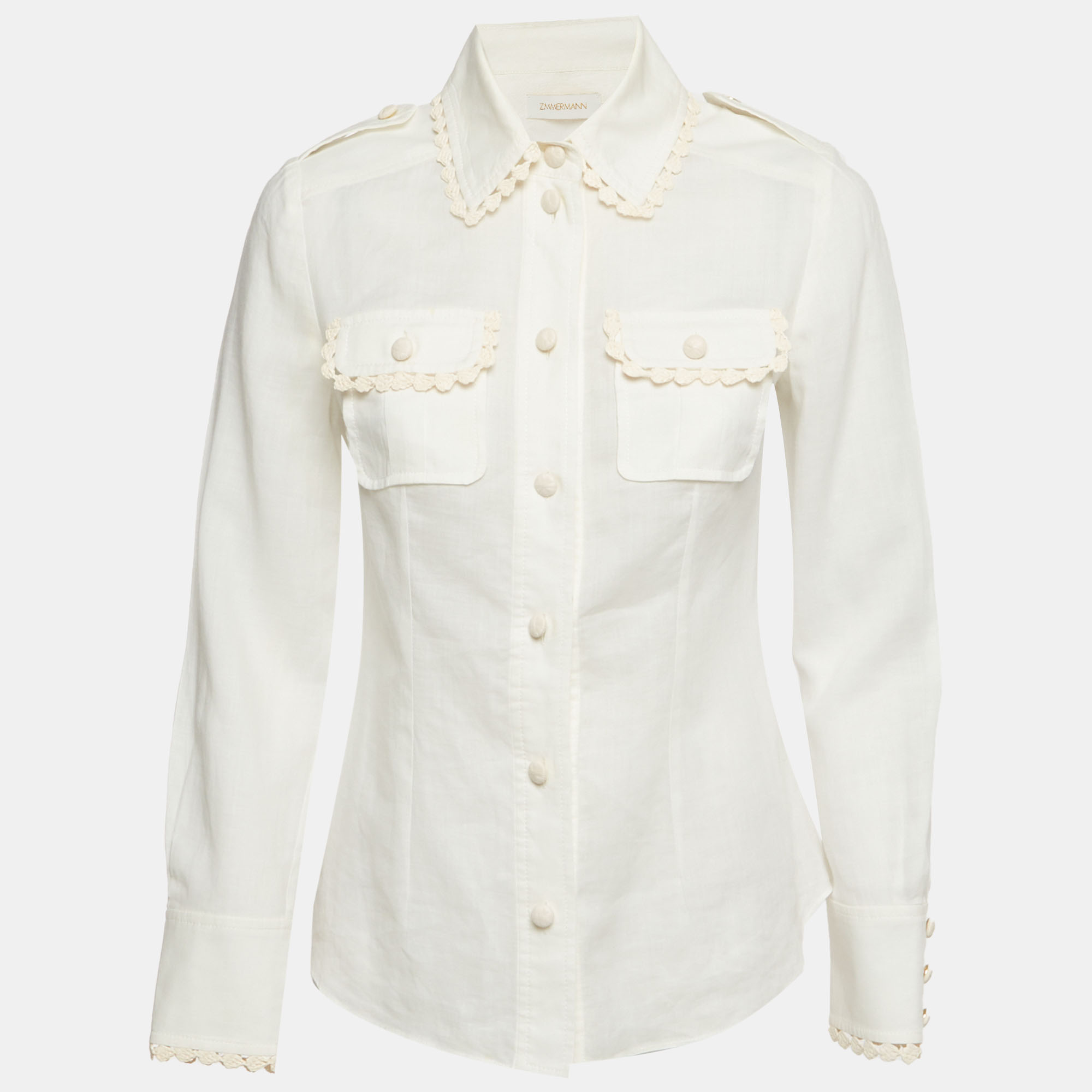 Zimmermann White Ramie Crochet Trim Button Down Blouse S