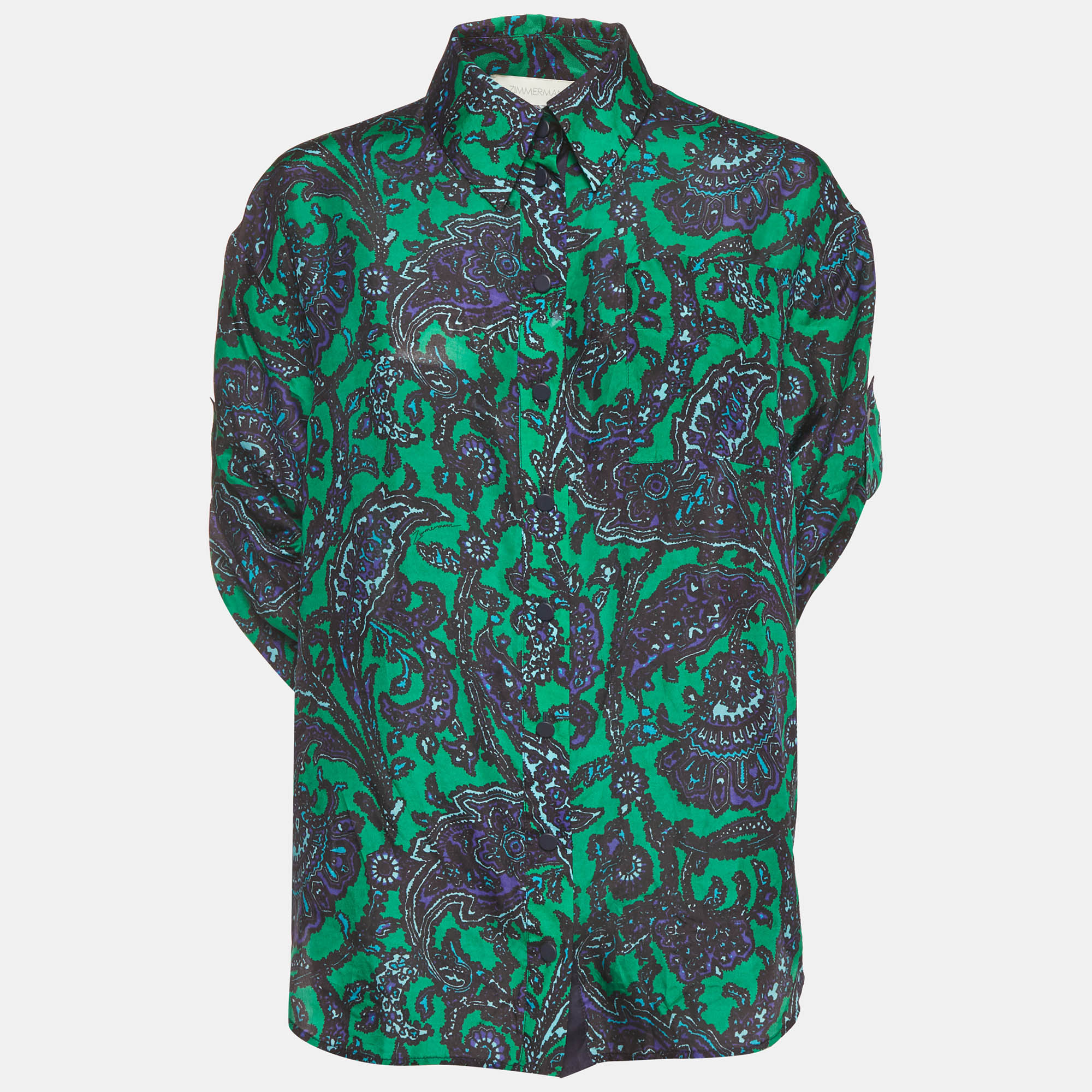 Zimmermann Green/Blue Paisley Print Silk Tiggy Shirt S