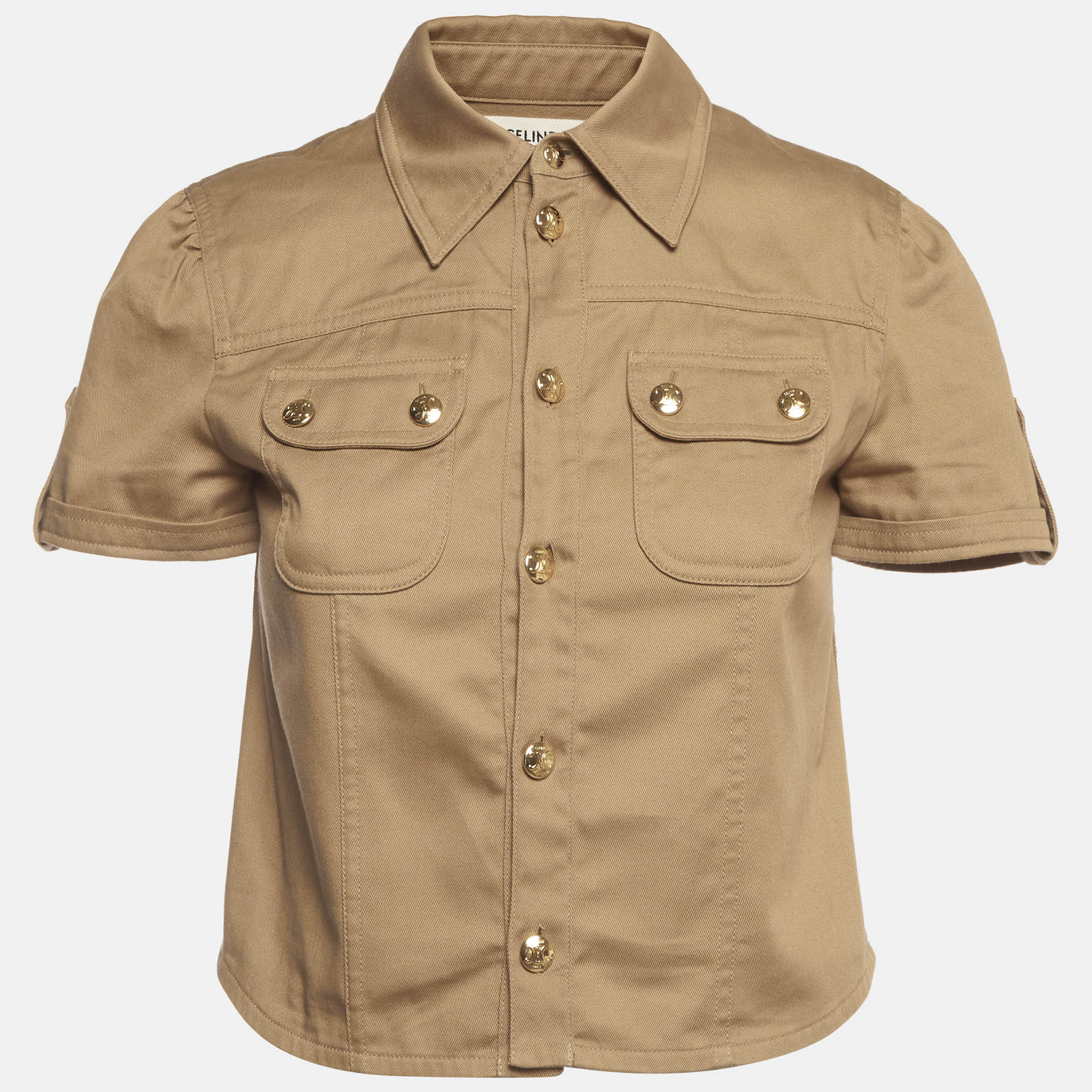 Celine Beige Gabardine Button Down Cropped Utility Shirt S
