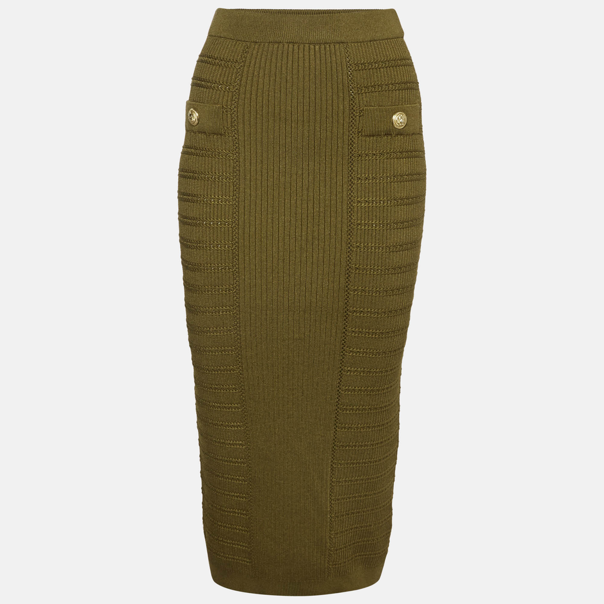 Balmain Green Rib Knit Button Embellished Pencil Skirt XL