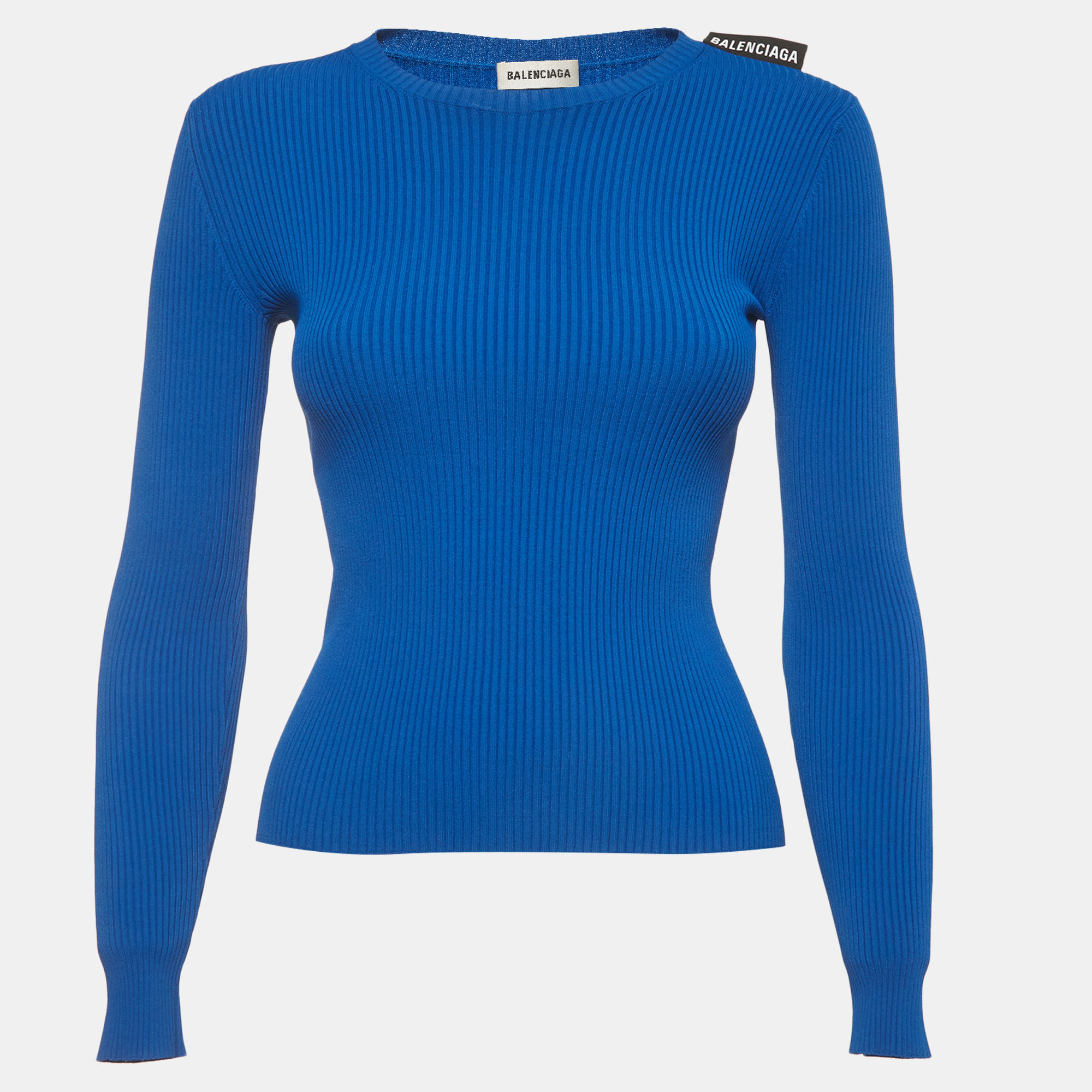 Balenciaga Navy Blue Rib Knit Long Sleeve Top XS
