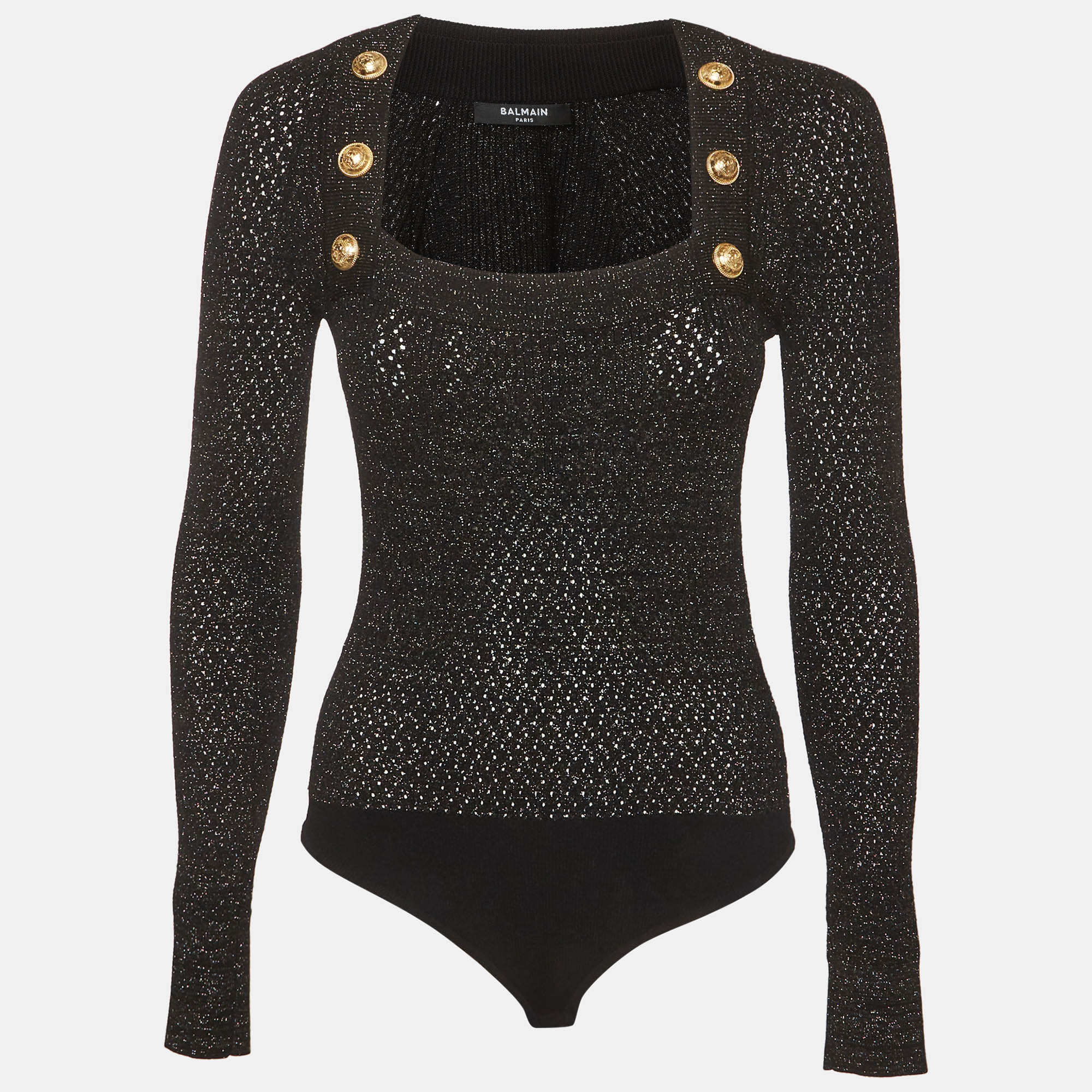 Balmain Black Lurex Rib Knit Button Embellished Long Sleeve Bodysuit Top S