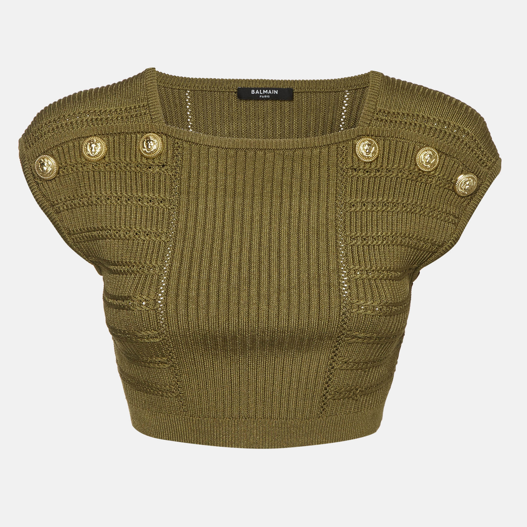 Balmain Green Knit Sleeveless Crop Top S