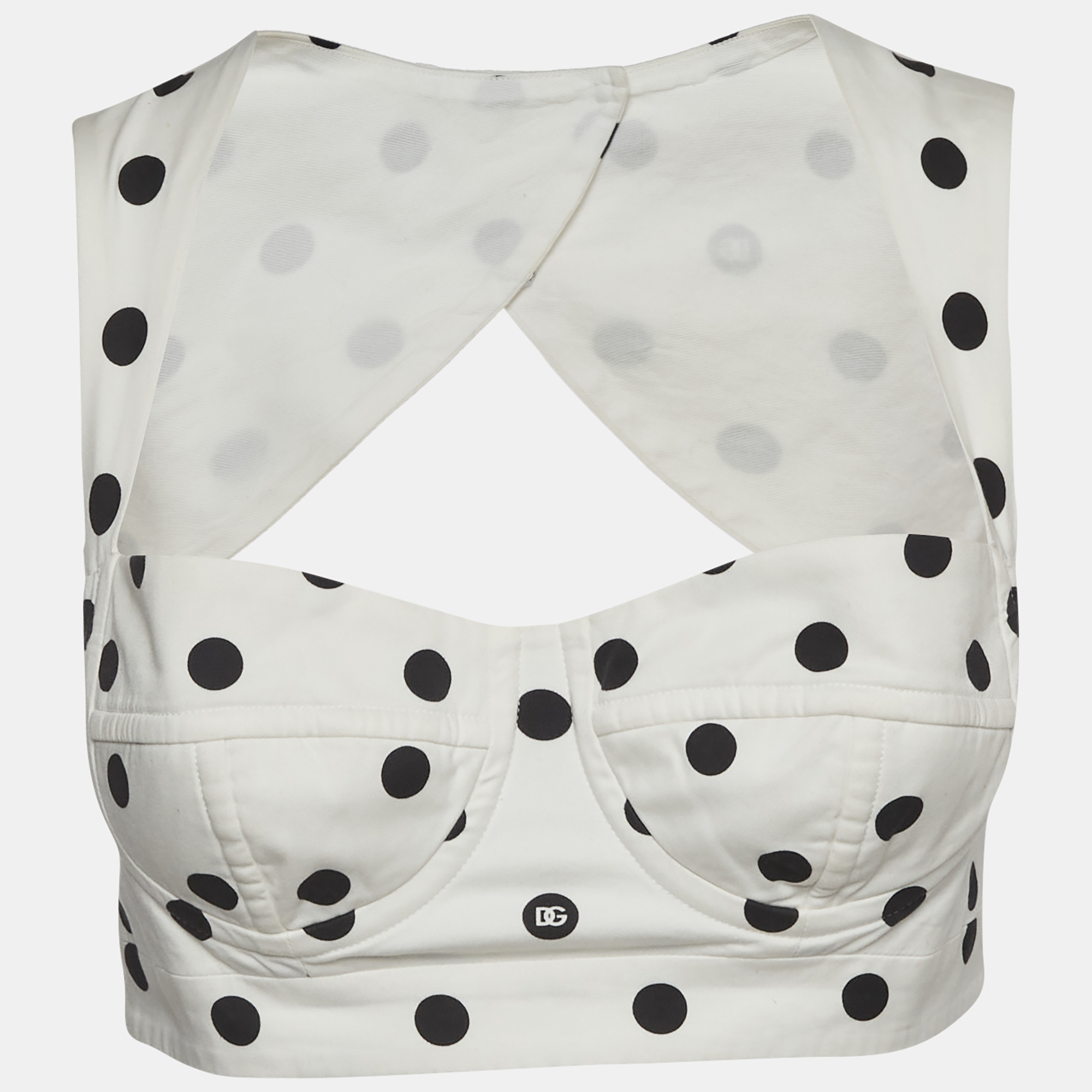 Dolce & Gabbana White Polka Dot Print Cotton Bustier Crop Top S