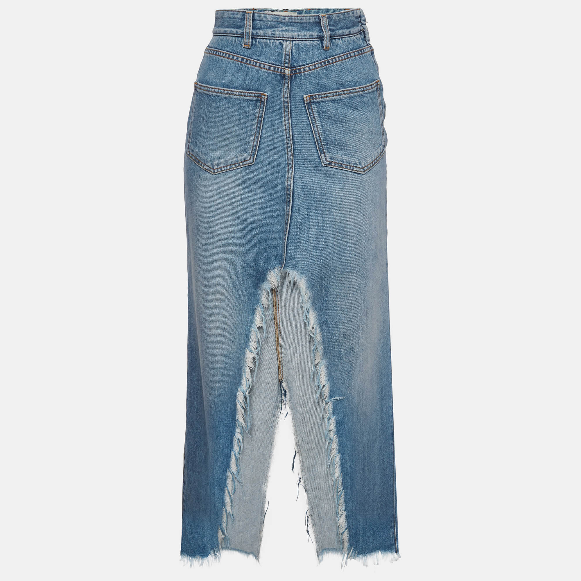 Givenchy Blue Denim Distressed Frayed Hem Midi Skirt S