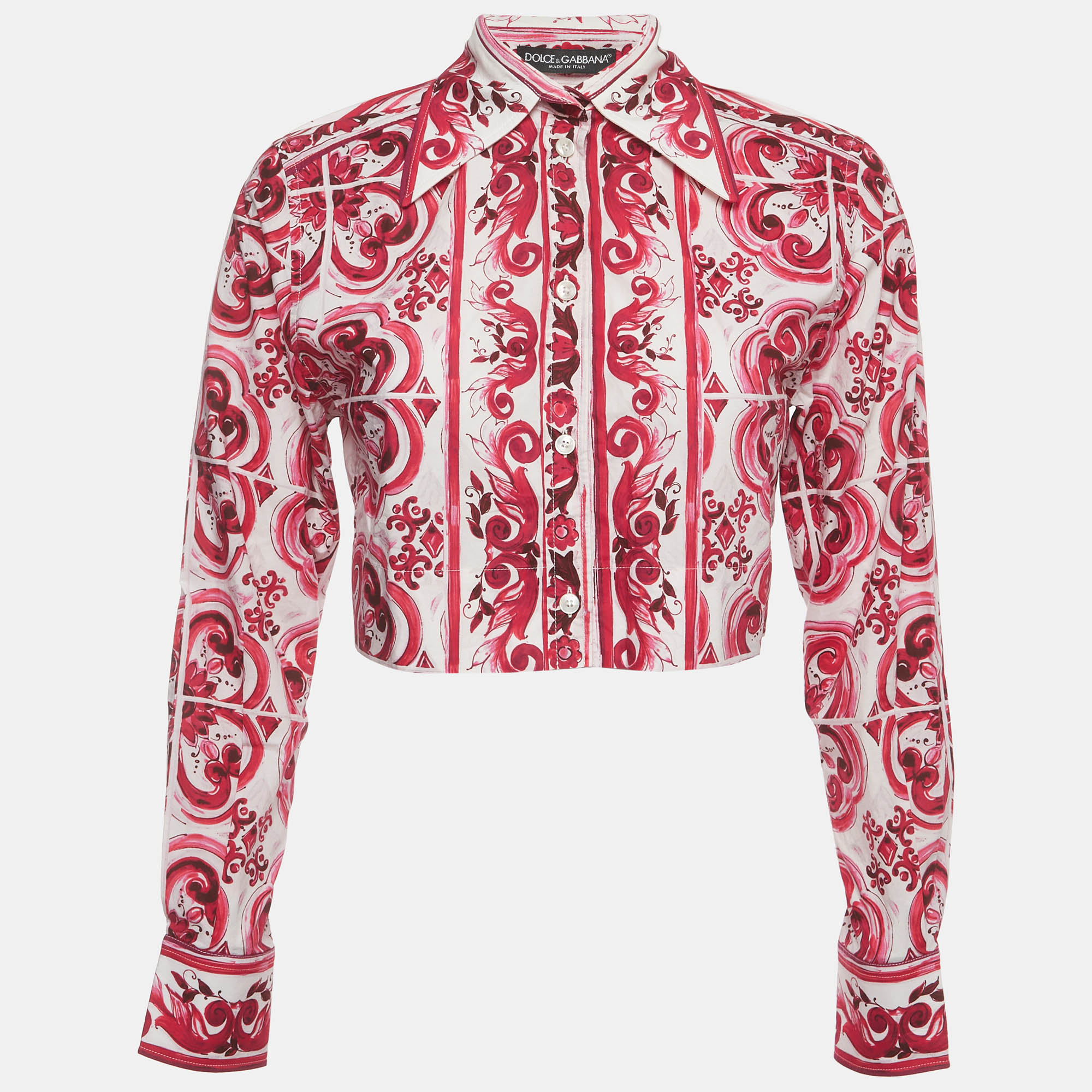 Dolce & Gabbana White/Pink Majolica Print Poplin Cropped Shirt S