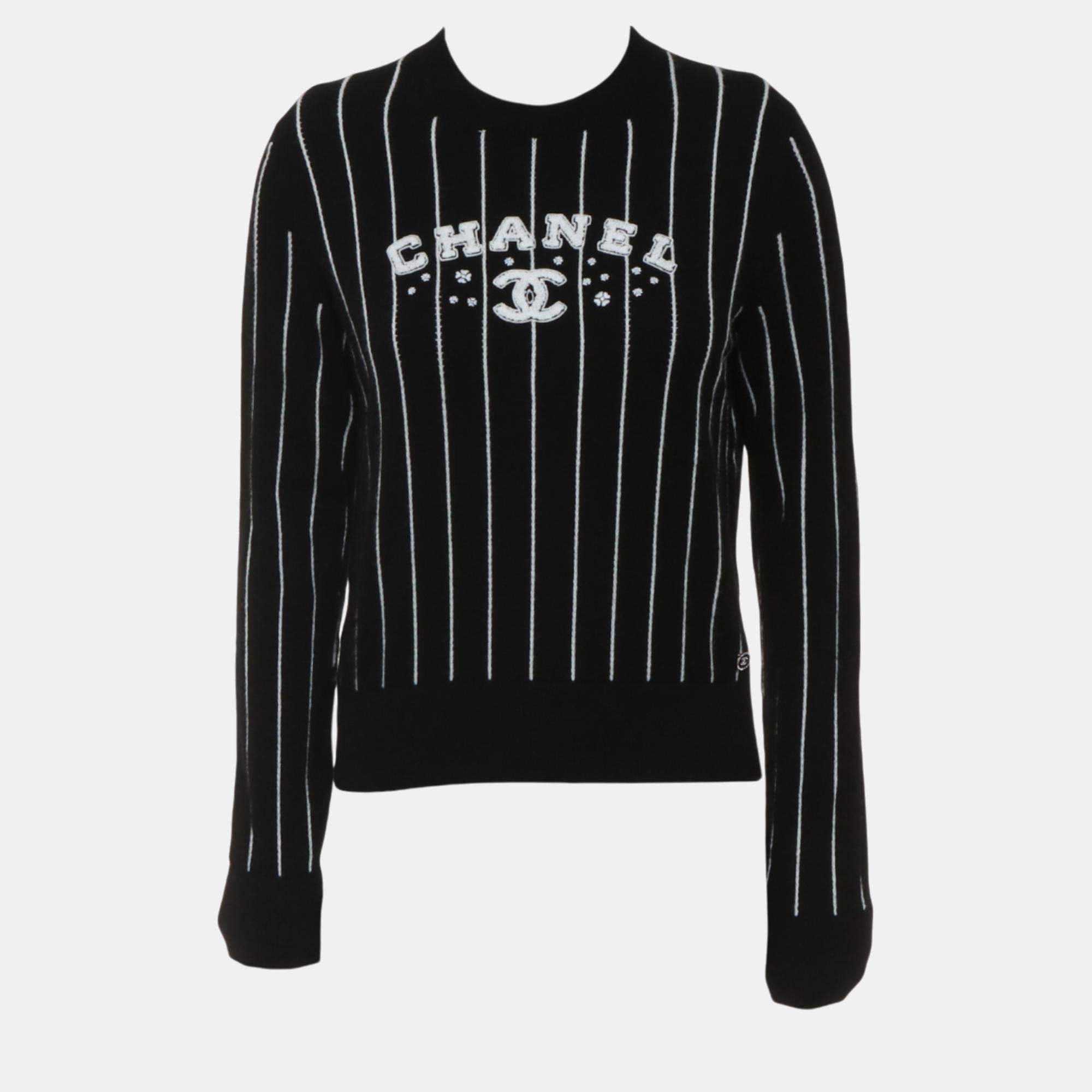 Chanel Black Cashmere Crew Neck Stripes Logo Sweater S