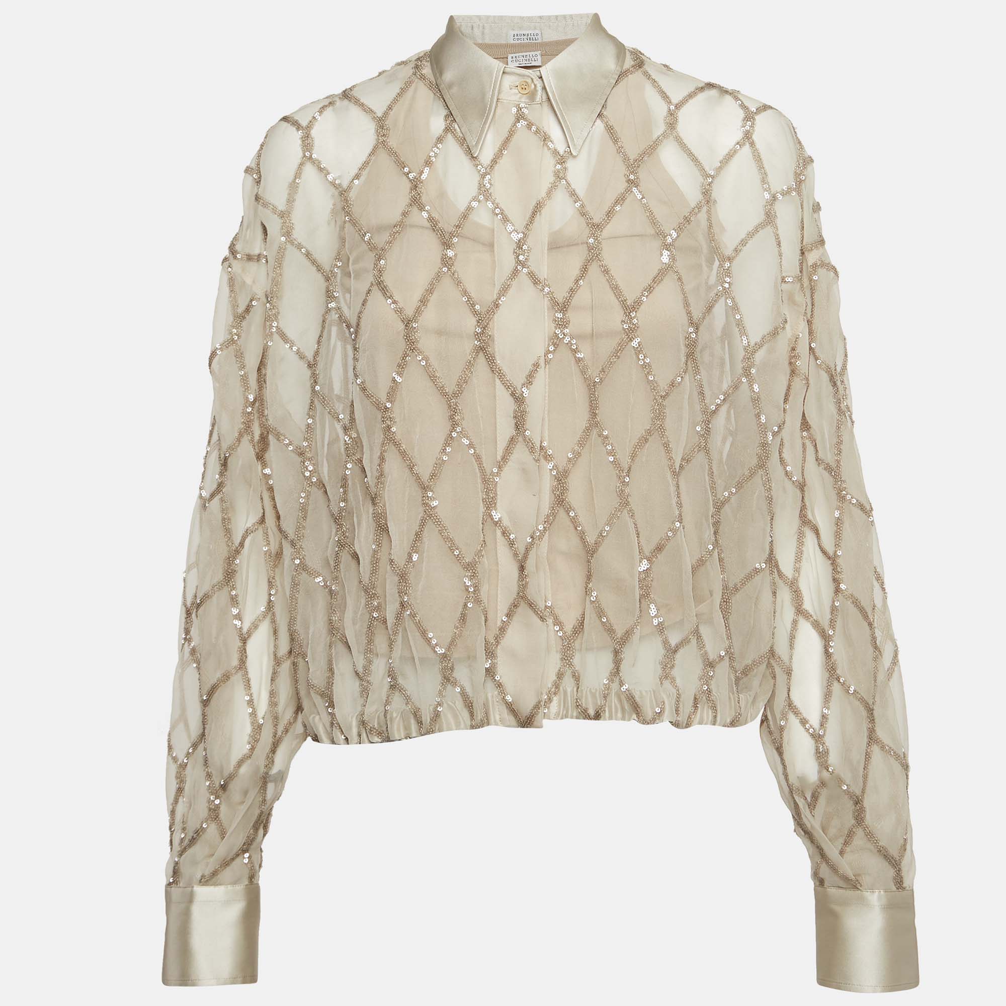Brunello Cucinelli Beige Argyle Sequined Silk Shirt M