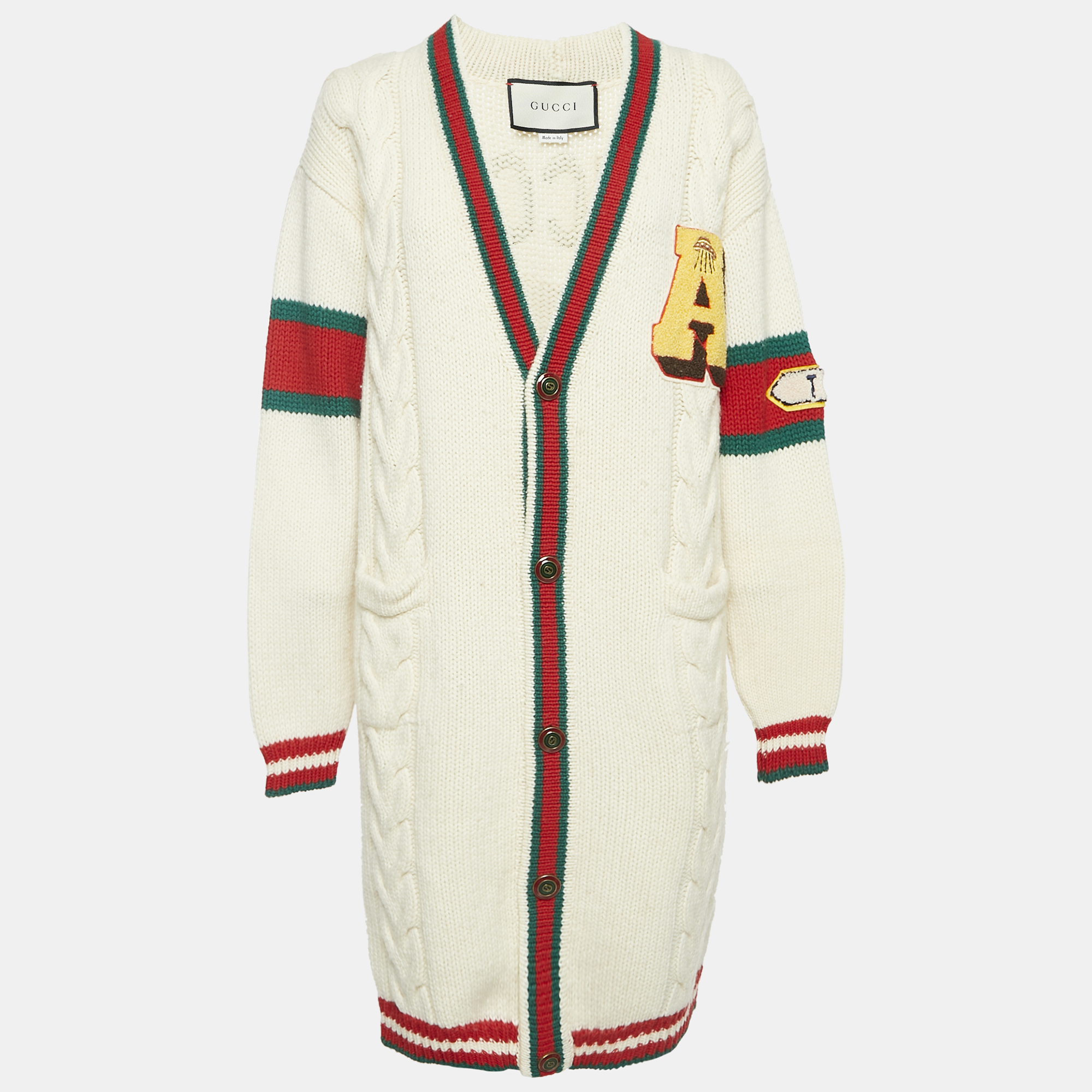 Gucci Cream Cable Knit Web Trim Applique Detail Cardigan M