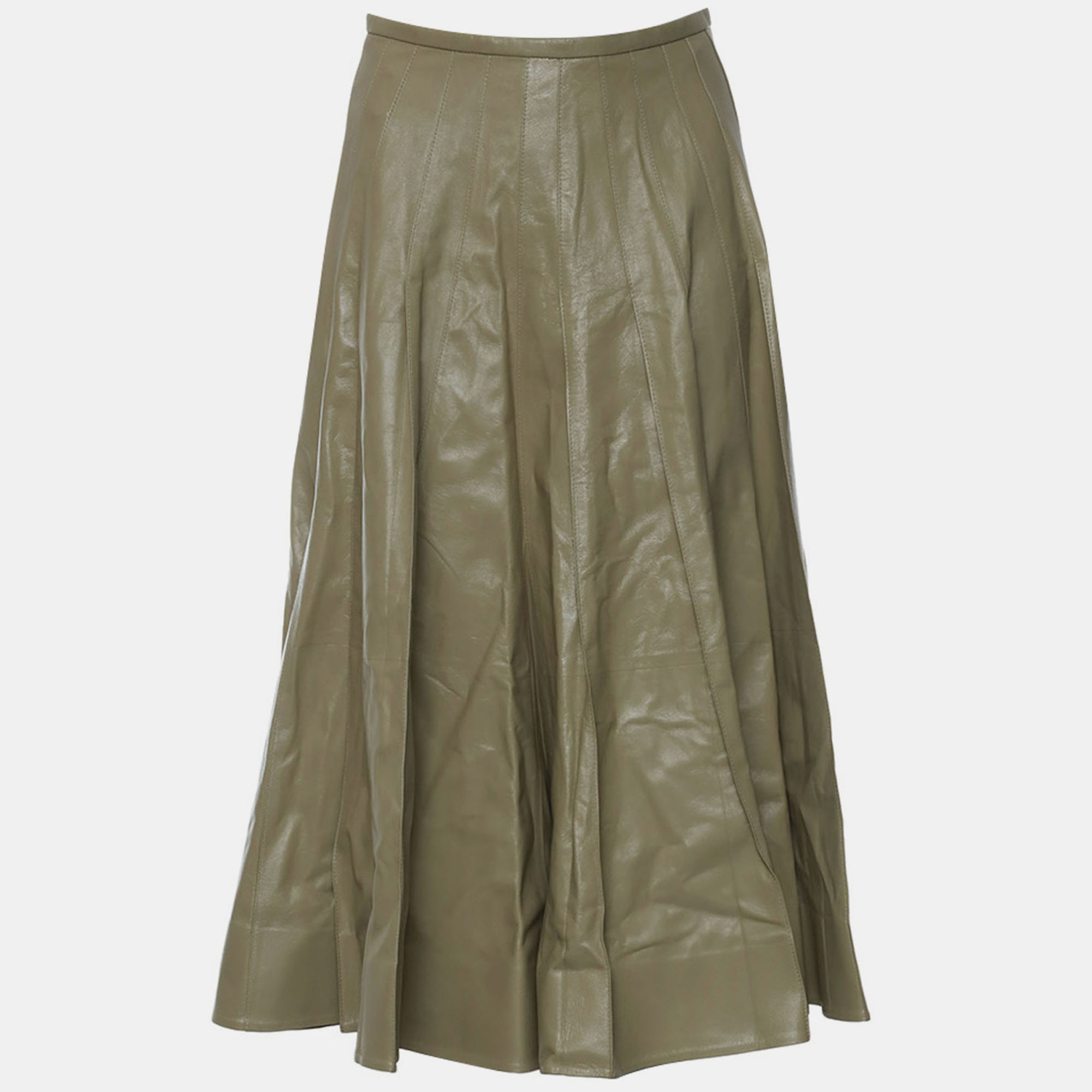 Bottega Veneta Pleated Beige Leather Women's Midi Skirt M